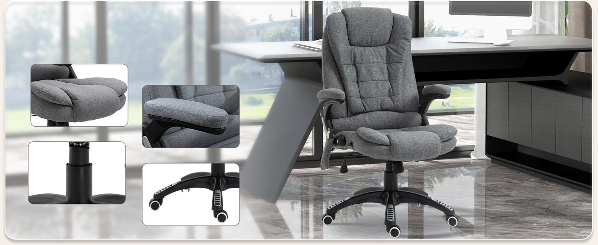 Fotel biurowy Vinsetto z funkcją masażu. Ergonomiczny fotel gabinetowy z funkcją podgrzewania, odchylania i bujania. Regulowana wysokość, obrotowy o 360°. Fotel komputerowy z kieszenią boczną, imitacja lnu, szary.