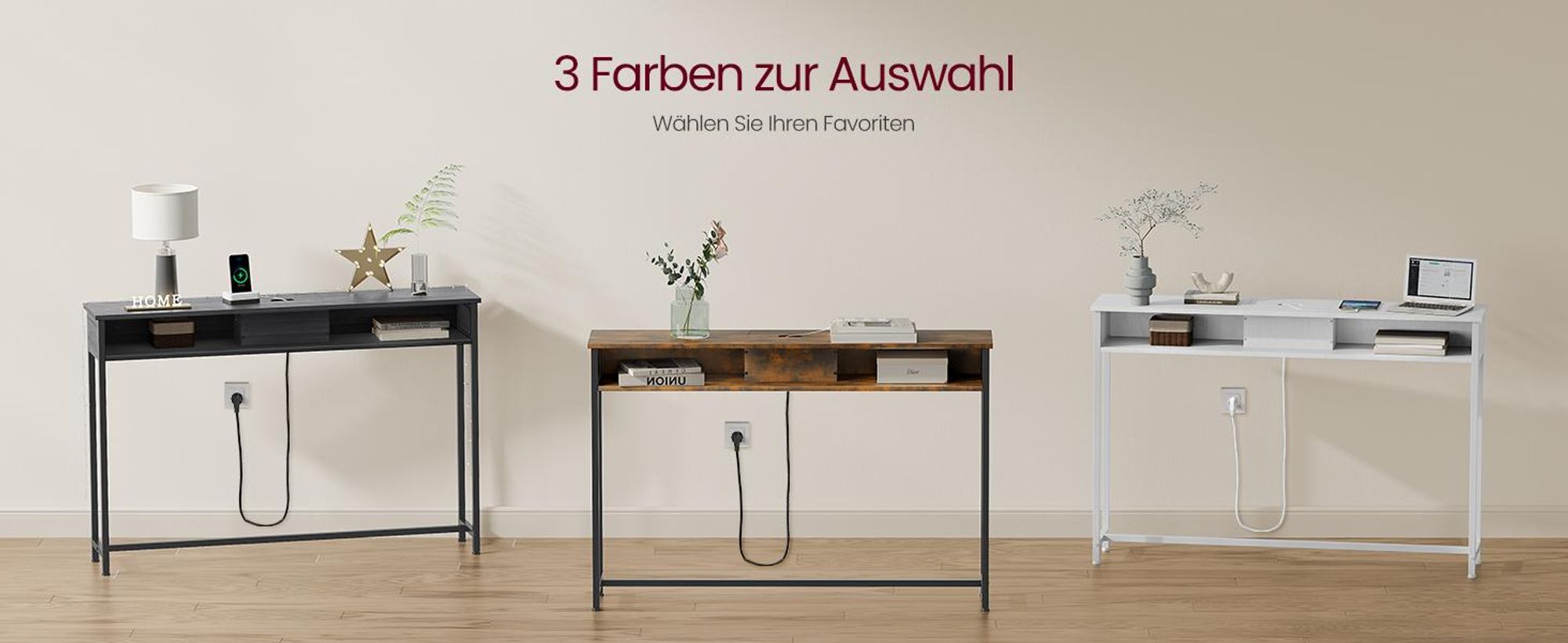 Konsolentisch mit Steckdosen, Beistelltisch mit 2 Fächern, schmal