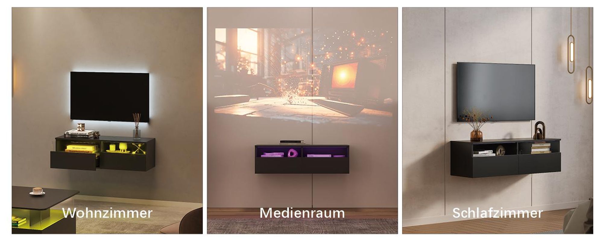Radelldar Lowboard mit LED-Beleuchtung, TV-Schrank, hängend, grifflose TV-Board, 2 Schubladen mit Acryl, 100 cm, Schwarz