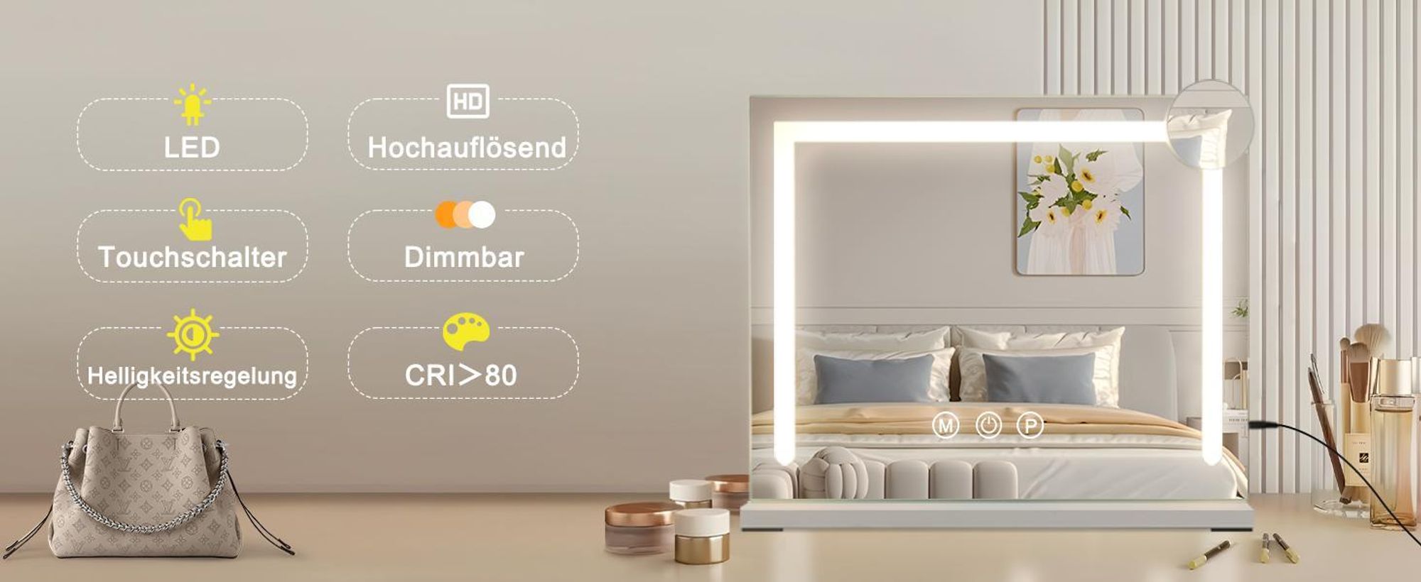 ZMH Lustro kosmetyczne z oświetleniem 58 x 46 cm Lustro kosmetyczne z oświetleniem Touch Dimmbare LED 3 tryby kolorów światła 5-krotne powiększenie Lustro do sypialni