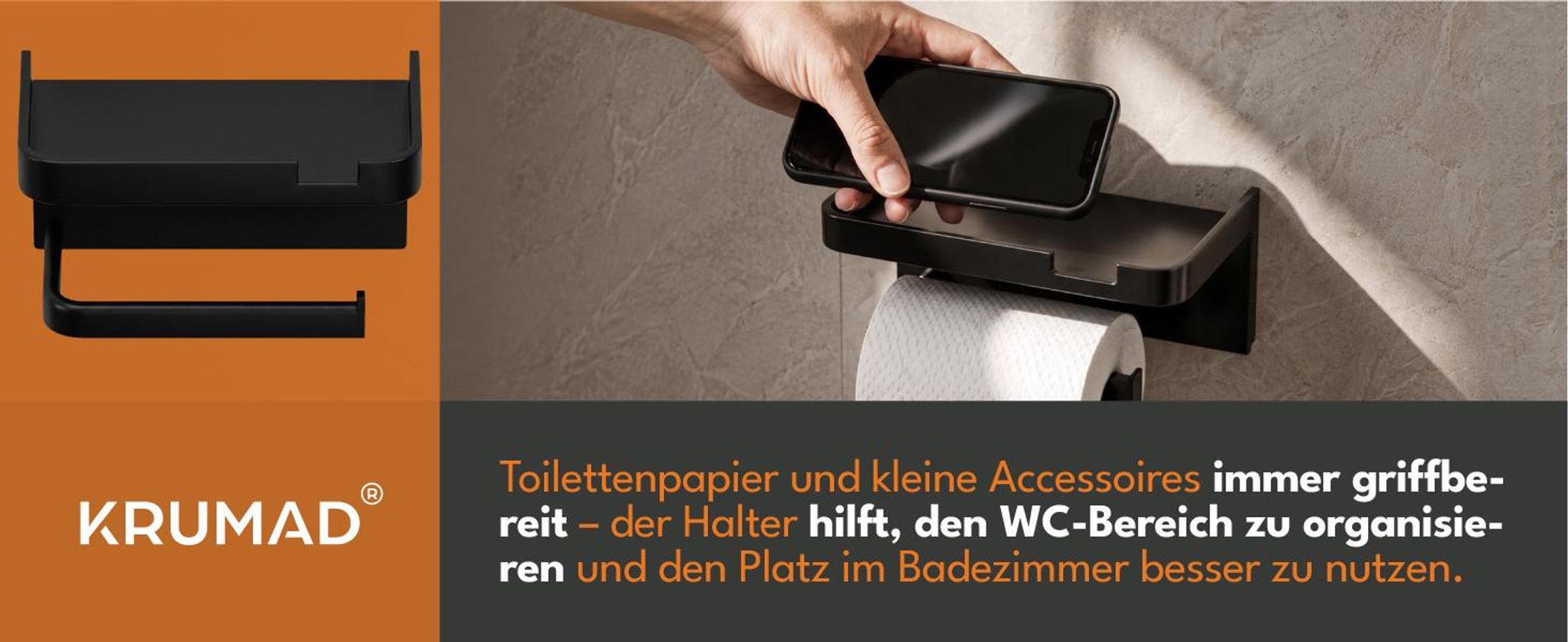 KRUMAD Toilettenpapierhalter ohne Bohren Schwarz, Selbstklebender Klopapierhalter mit Ablage, WC Halter Edelstahl