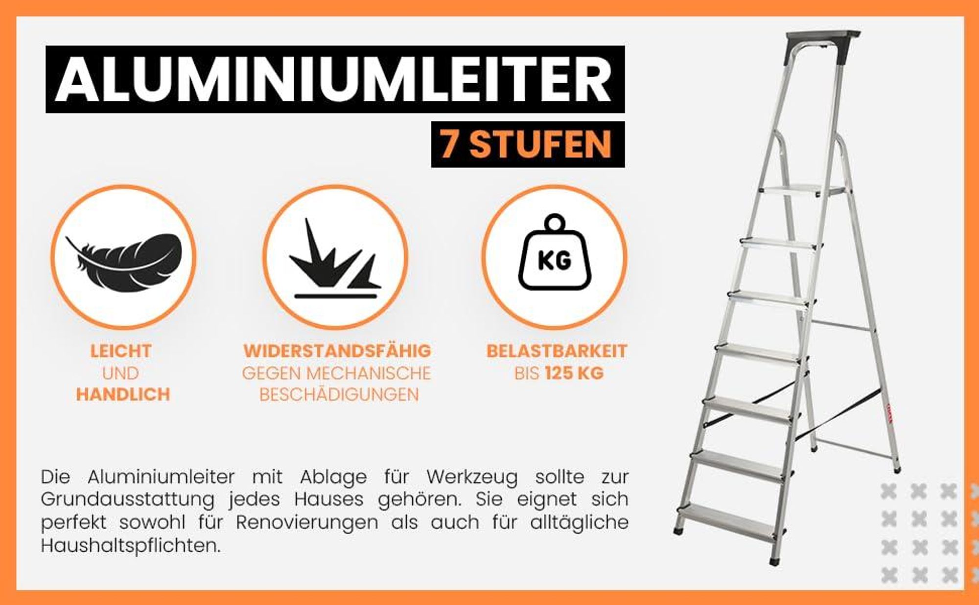 KADAX Aluminiumleiter "Vulvik", Klapptrittleitern, Stehleiter bis zu 125 kg, klappbare Leiter mit Ablage, 7 Stufen