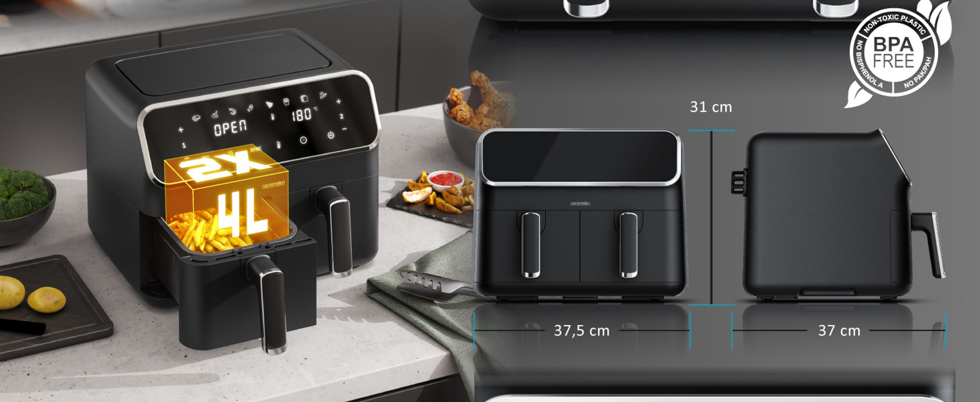 Arendo Heißluftfritteuse XXL, Doppelkammer, Dual Zone, 2in1 Backofen und Airfryer, 2x 4L, 2700W, 3D Umluft, 8 Programme, Timer, SYNC, Antihaft