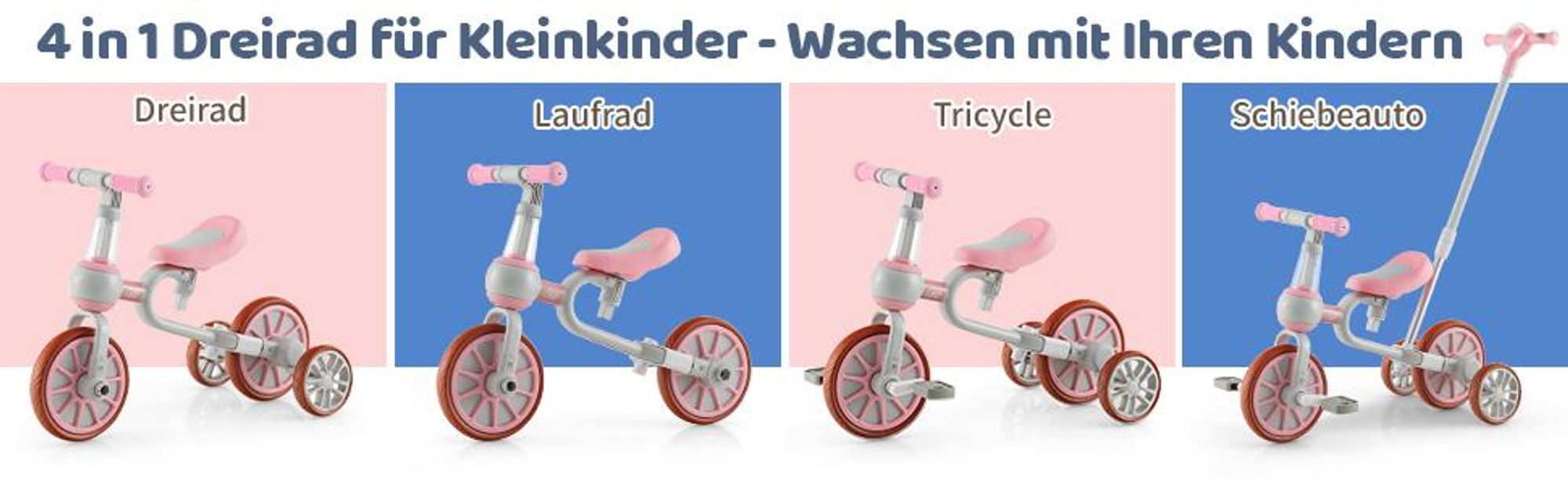 COSTWAY 4 in 1 Kinder Dreirad, Laufrad mit höhenverstellbarer Schiebegriff&Sitz, abnehmbaren Pedalen, Balance Bike, Laufräder für Kinder 2-4 Pink