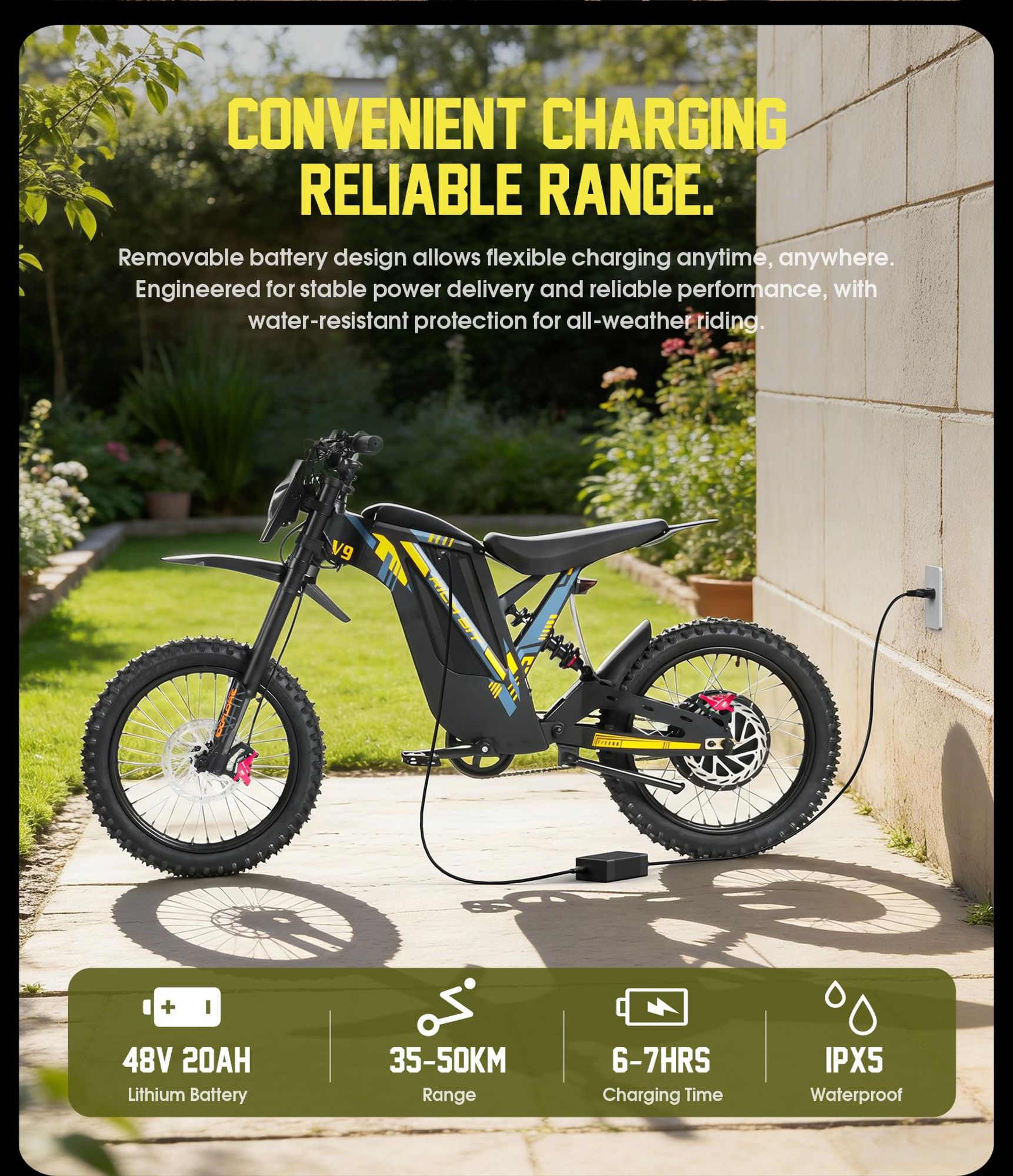 V9 Elektro‑Enduro‑Motorrad für Erwachsene, 48V 20Ah, 17‑Zoll professionelle Geländereifen, vollständiges Federungssystem, hydraulische Scheibenbremsen