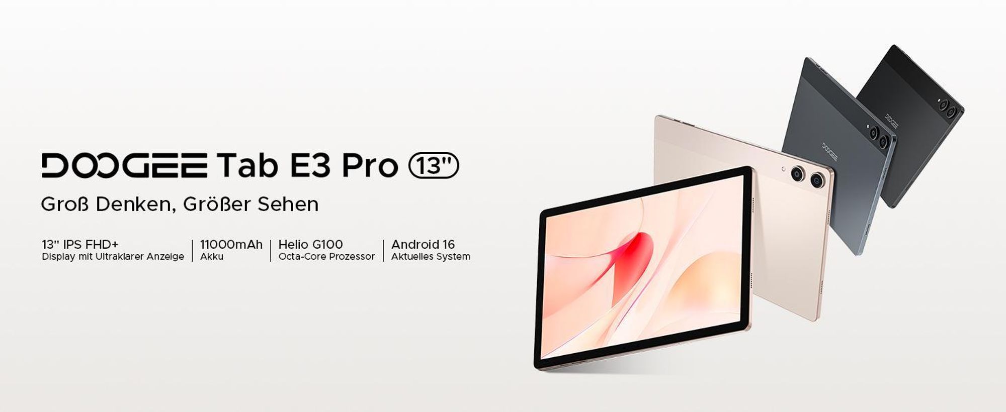 DOOGEE Tab E3 Pro - Tablet, Android 16, 13 Zoll, 32GB+256GB, 4G LTE, 90Hz,11000mAh/18W, Vier Trompeten