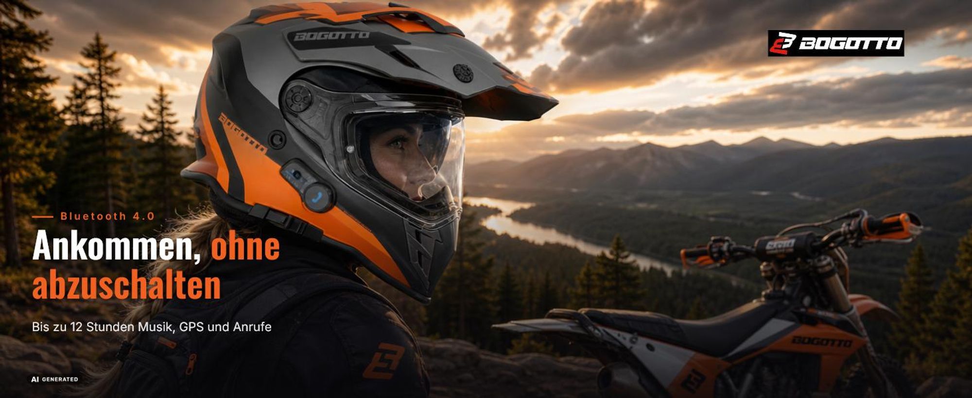 Bogotto H331 BT Tour EVO Bluetooth Enduro Helm, schwarz matt/grün, L (59/60)