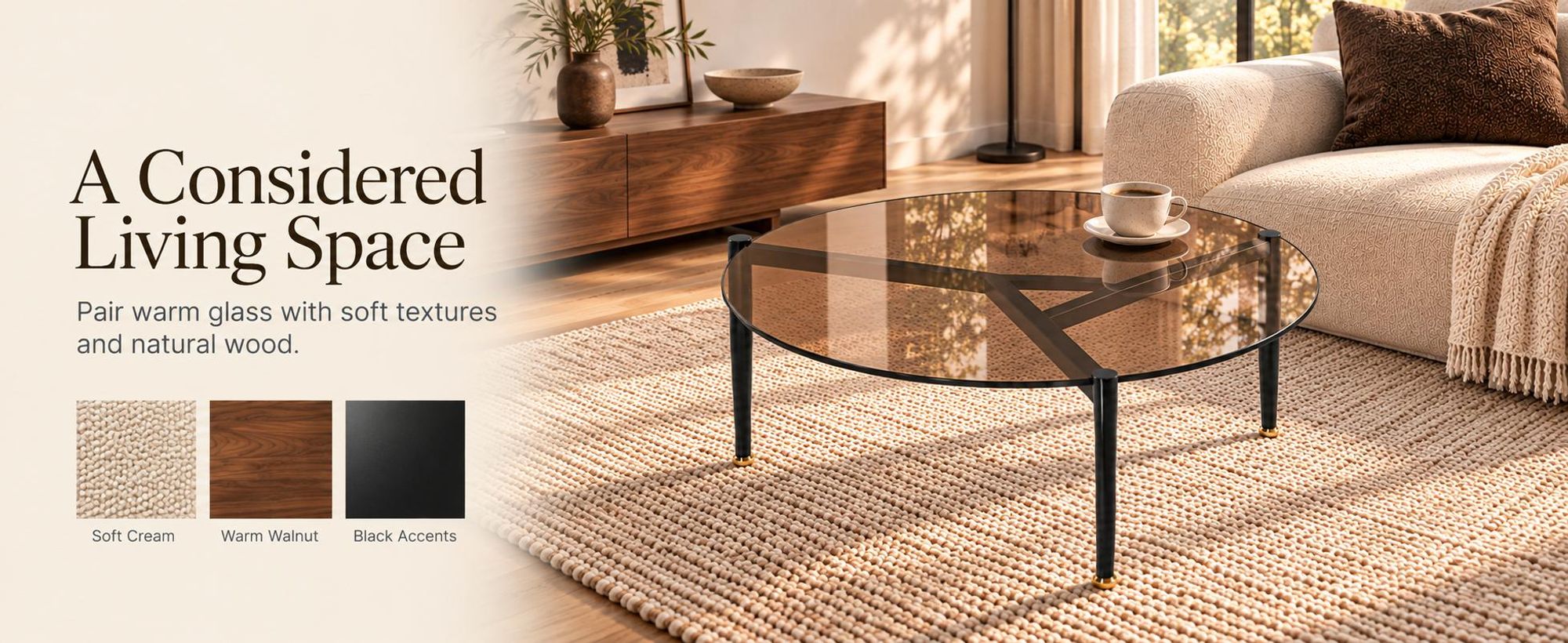 WISFOR Couchtisch rund Ø80 cm, Glastisch braun mit schwarzem Metallgestell, Sofatisch 40 cm hoch