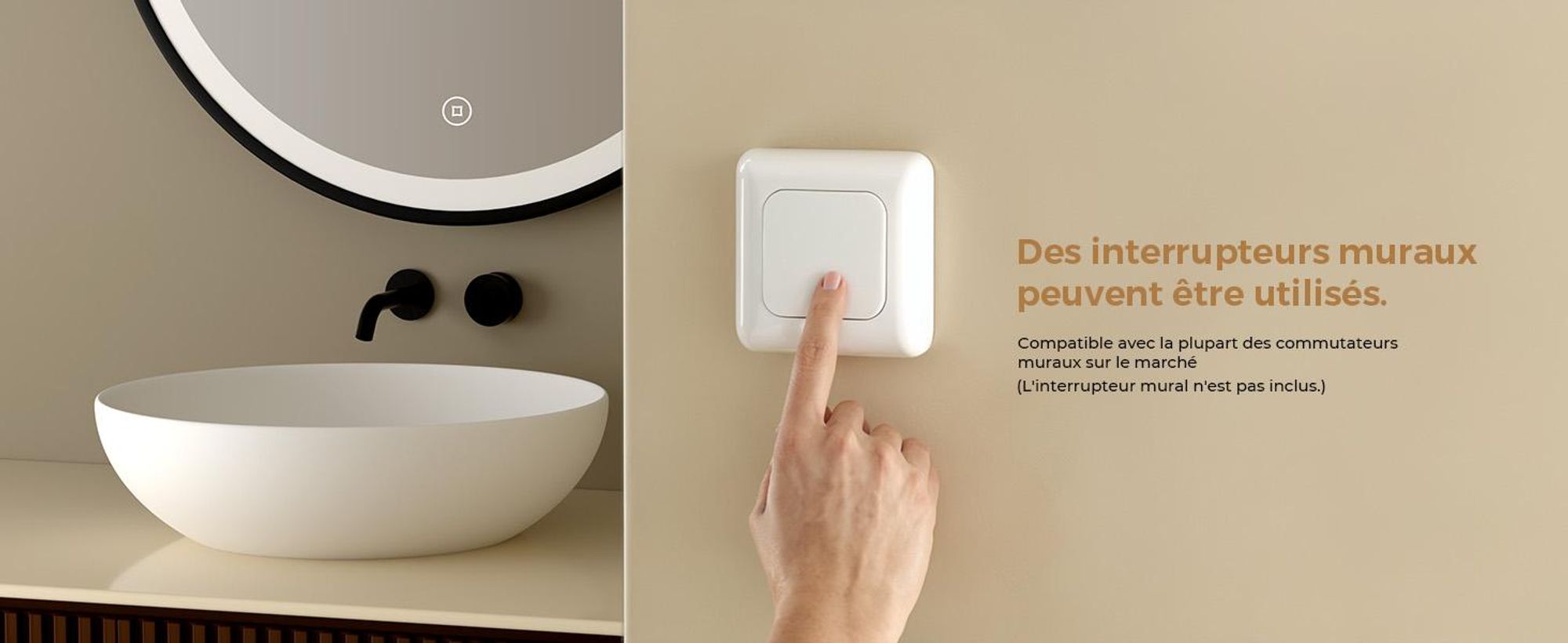 S'AFIELINA miroir de salle de bain 60cm avec éclairage rond miroir de salle de bain LED tactile et lumière blanche froide cadre noir ceinture en cuir réglable