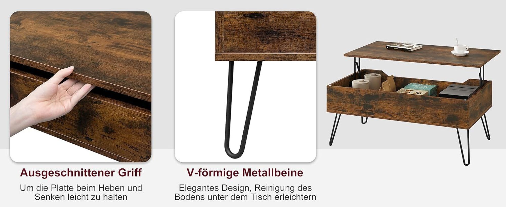 WOLTU Couchtisch, Kaffeetisch mit verstecktem Stauraum, Metallbeine, Rustikales Braun