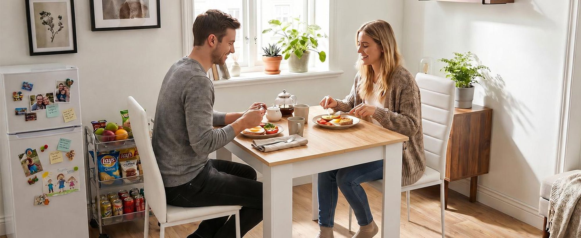 Mondeer Quadratischer Esstisch 80x80 cm, Platzsparender Küchentisch für 2-4 Personen, Modernes Design in Rot-Eiche & Weiß, Stabile L-förmige Beine