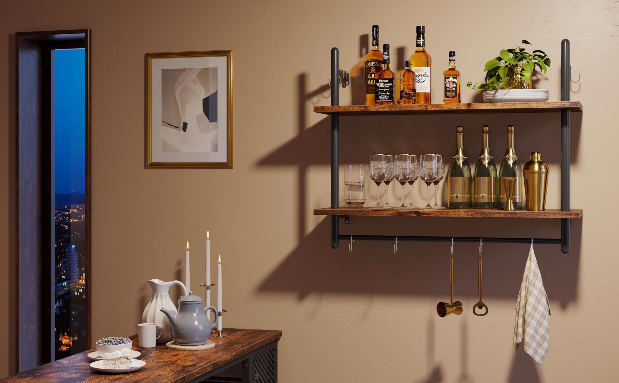 Wandregal Industrie-Look mit Haken, 80x64cm - Küchenregal schwebend - Deko Regal Holz - wand wandregal Für Wohnzimmer, Bad, Büro
