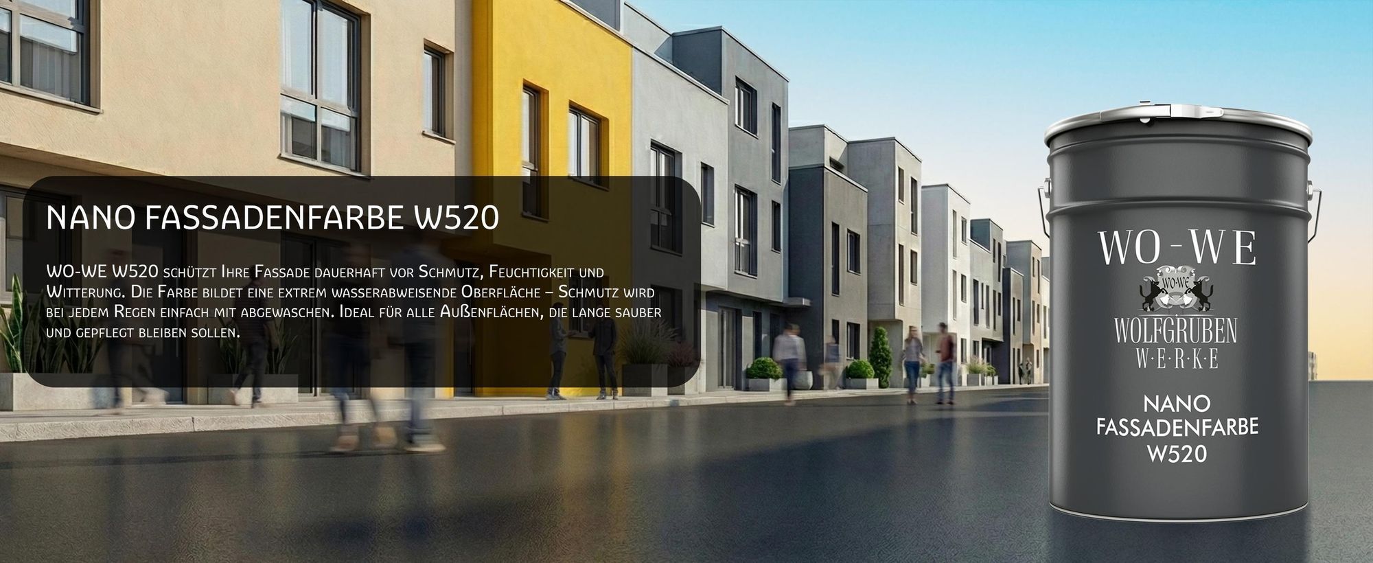 WO-WE Nano Fassadenfarbe W520 schützt Fassaden vor Schmutz, Feuchtigkeit und Witterung.