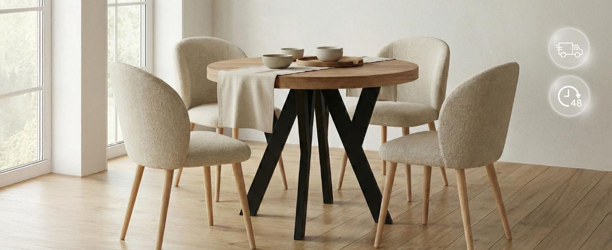 Dekori Runder Ausziehbarer Esstisch für Esszimmer, Wohnzimmer PERO, Loft-Stil, Durchmesser: 90 / 140 cm, Farbe: Eiche Craft Golden / Schwarz