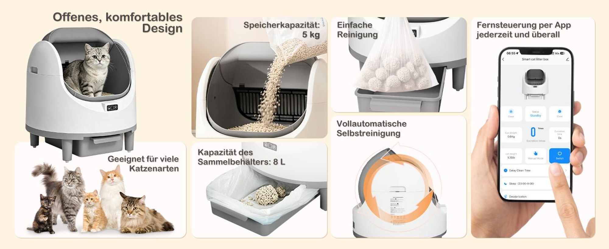 Puluomis Selbstreinigende Katzentoilette 80L XXL, offenes Katzenklo mit App-Steuerung, 12 Sensoren, 8L Abfallbehälter, leise, für Katzen bis 15kg