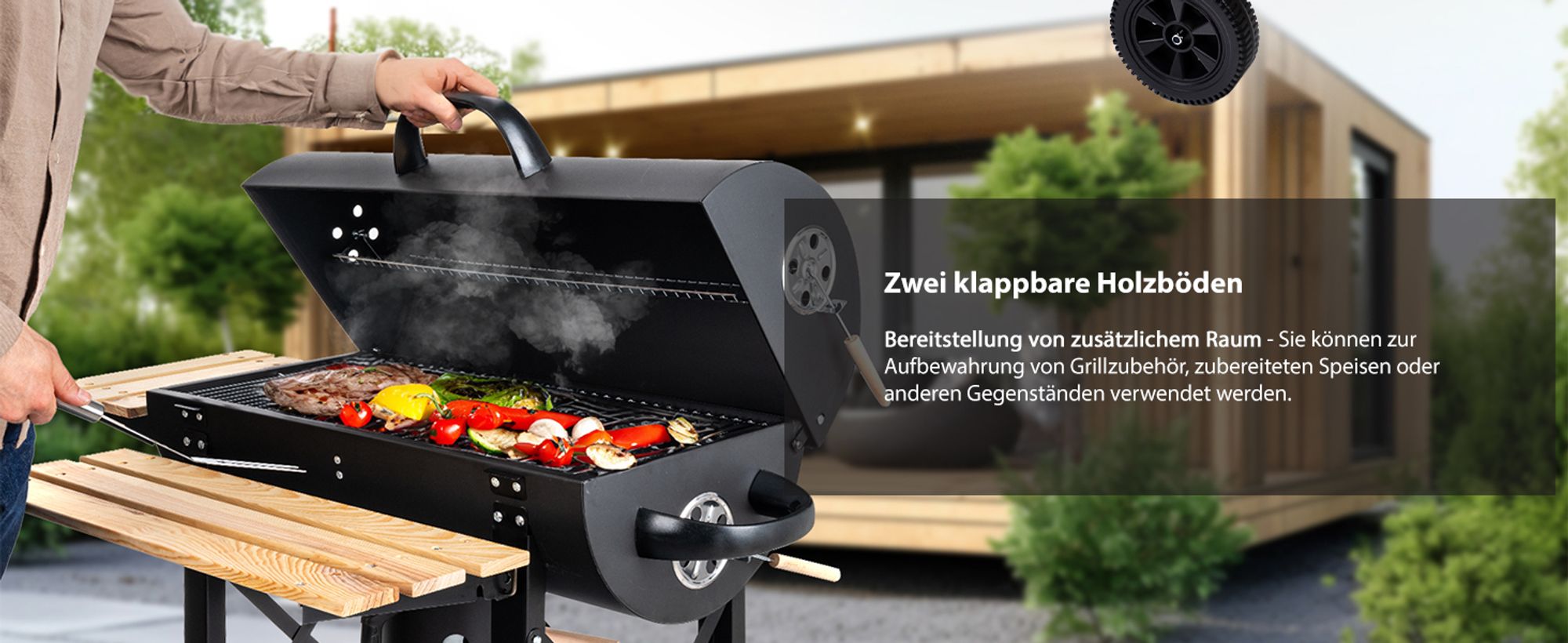 Lehmann Holzkohlengrill mit Grillrost, 2 Holzeinlegeböden, Deckel und Rädern