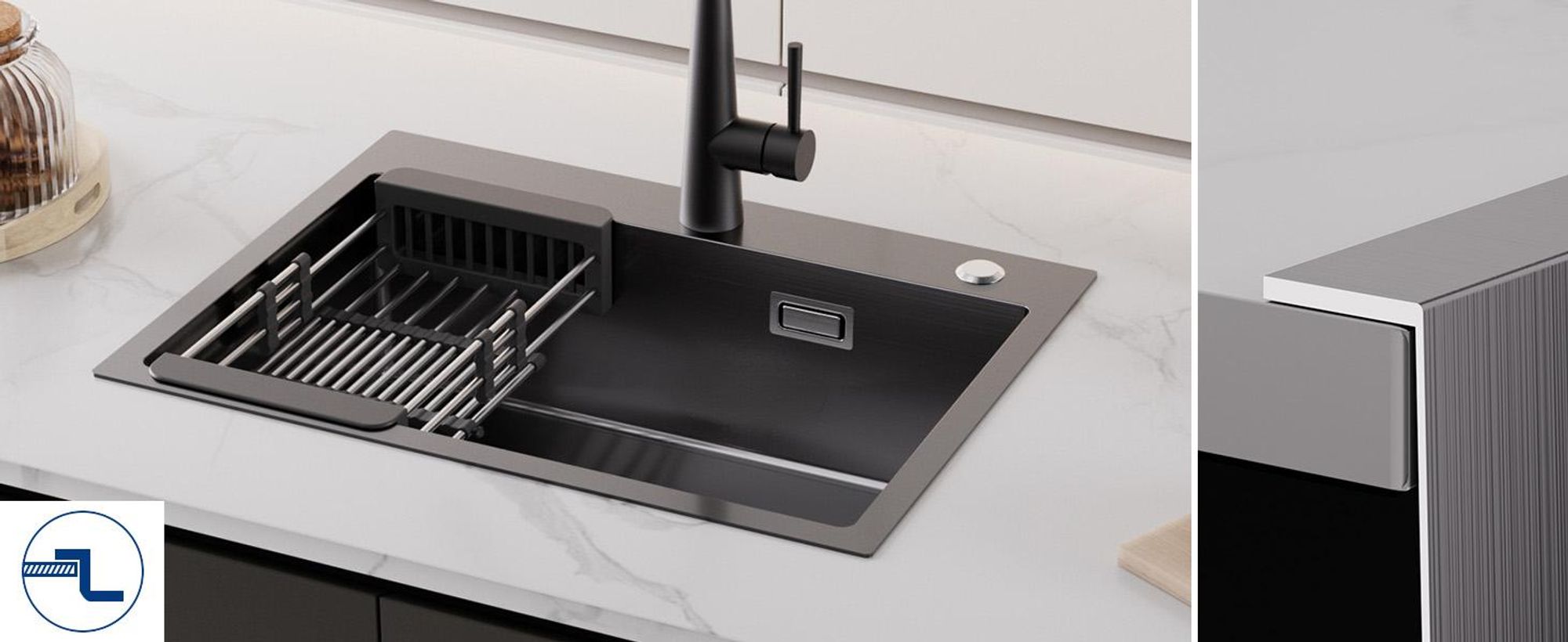 Cecipa MAX Edelstahlspüle 60x45 cm schwarz, Küchenspüle Einbauspüle mit Abtropfkorb, robust, pflegeleicht, für 60er Unterschrank, Modernes Design
