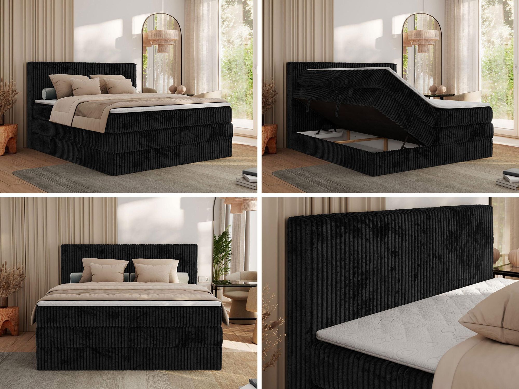 Gepolstertes Bett mit zeitlosem Design und hohem Schlafkomfort.