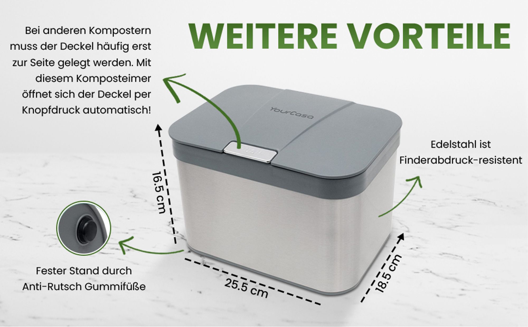 YourCasa® Biomülleimer Küche für Biomüll aus Edelstahl Komposteimer - 4,3L - für die Küche Grün