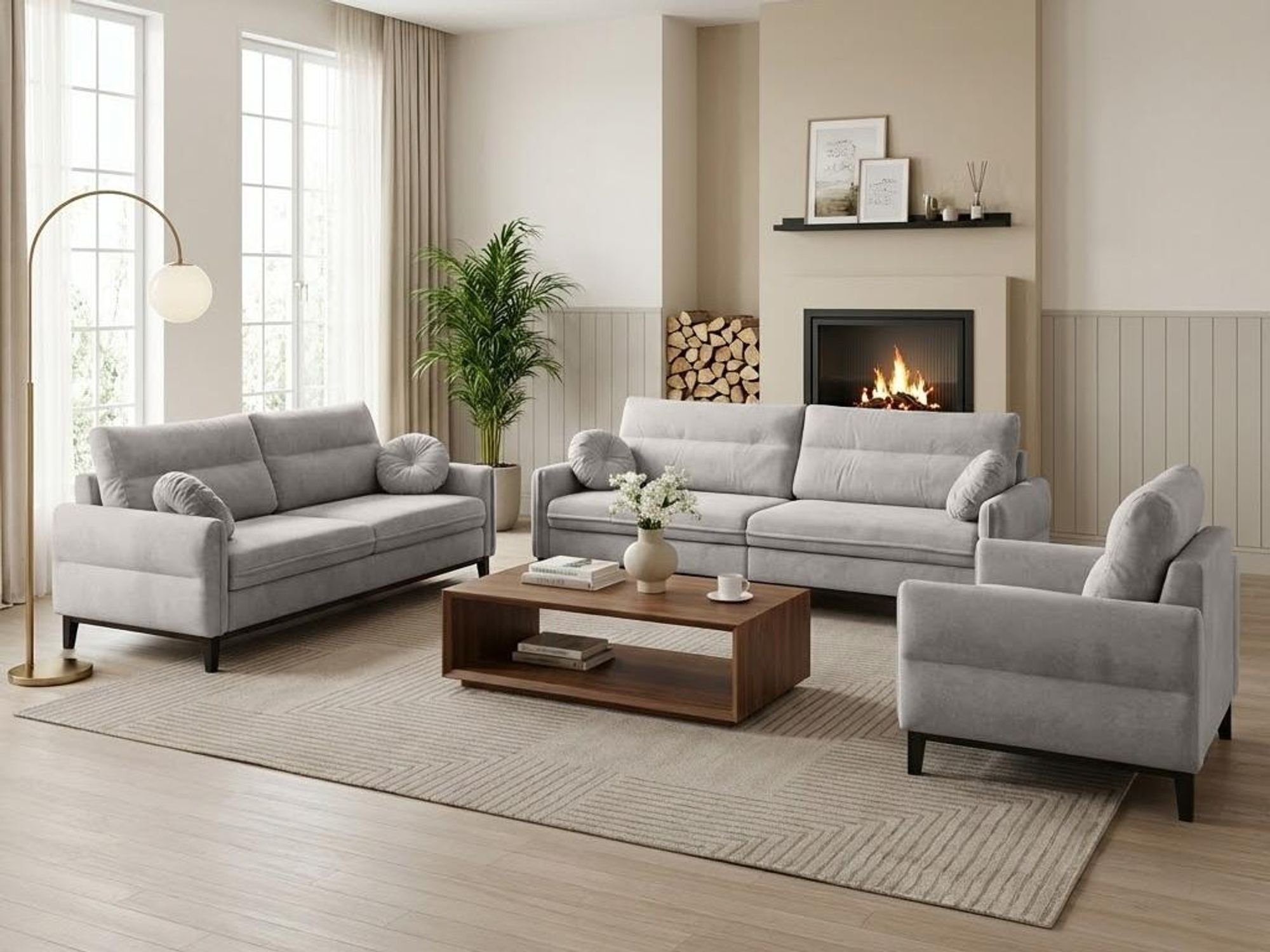 BEAUTYSOFA | Wohnzimmer-Set BELLANO - Gepolsterter Set mit Armlehnen, Sessel und Sofas - Veloursstoff in Hellgrau mit schwarzen Holzbeinen