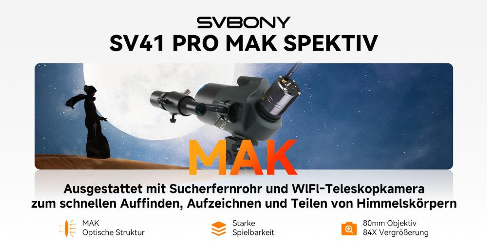 Svbony SV41Pro Mak Spektiv, 28-84X80 FMC Dual Speed Fokus, Wasserdichtes Spektive mit Stativ für Mond Stargazing Vogelbeobachtung, Mit Sucherfernrohr