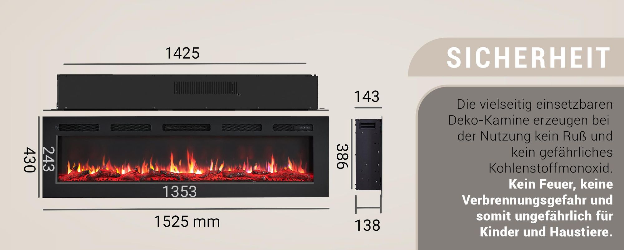 BALDERIA Elektrokamin Leif 60" | 3in1 Stand-, Wand- oder Einbaukamin, LED 3D-Flammeneffekt, dimmbar, mit Heizung 1800W, Timer, Thermostat, Startsteuerung, Offene-Fenster-Erk, Fernbedienung | Schwarz