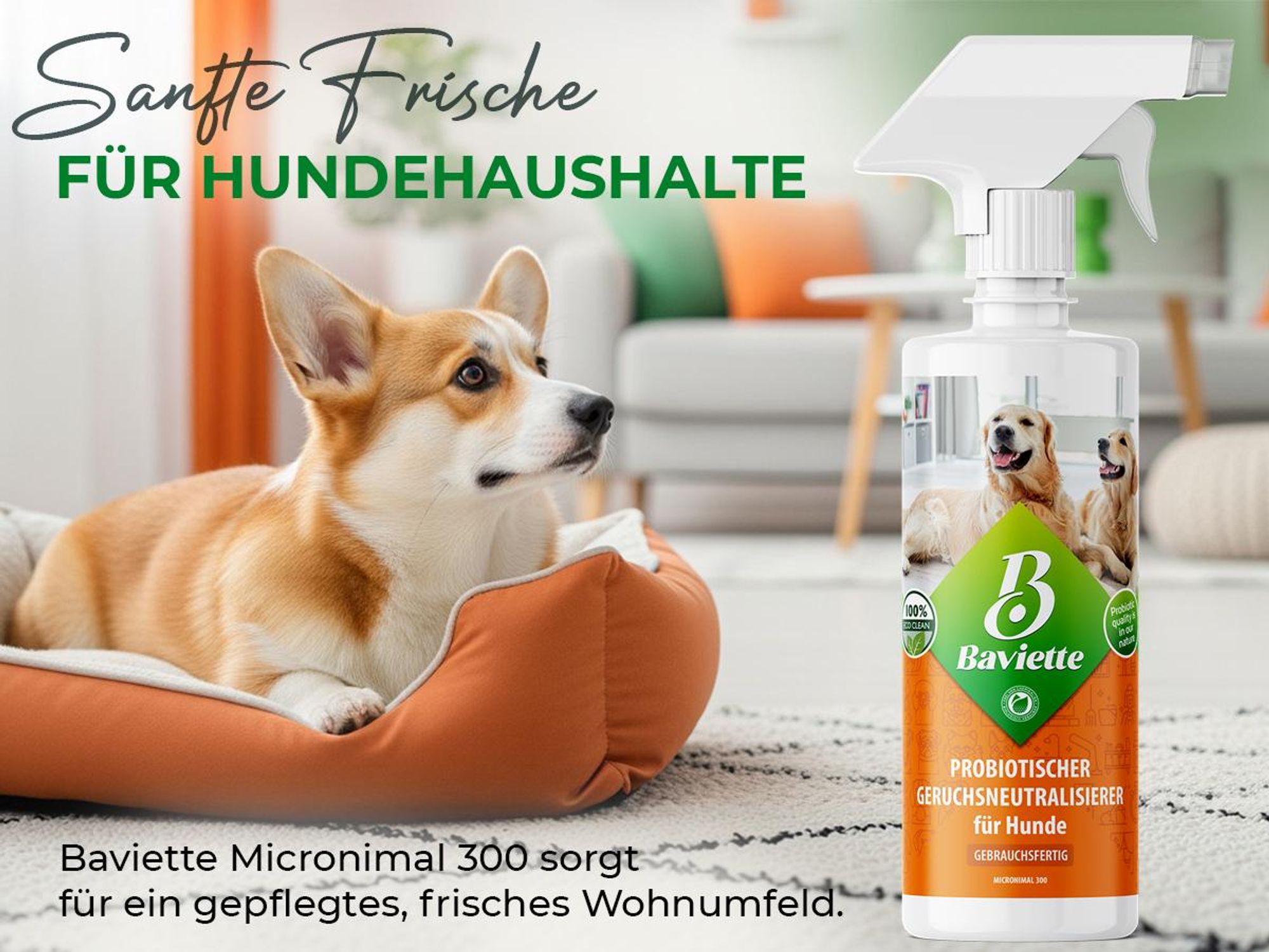 Baviette Geruchsentferner Hund 500 ml Spray – Geruchsneutralisierer mit Mikroorganismen für Hundebett, Möbel & Auto