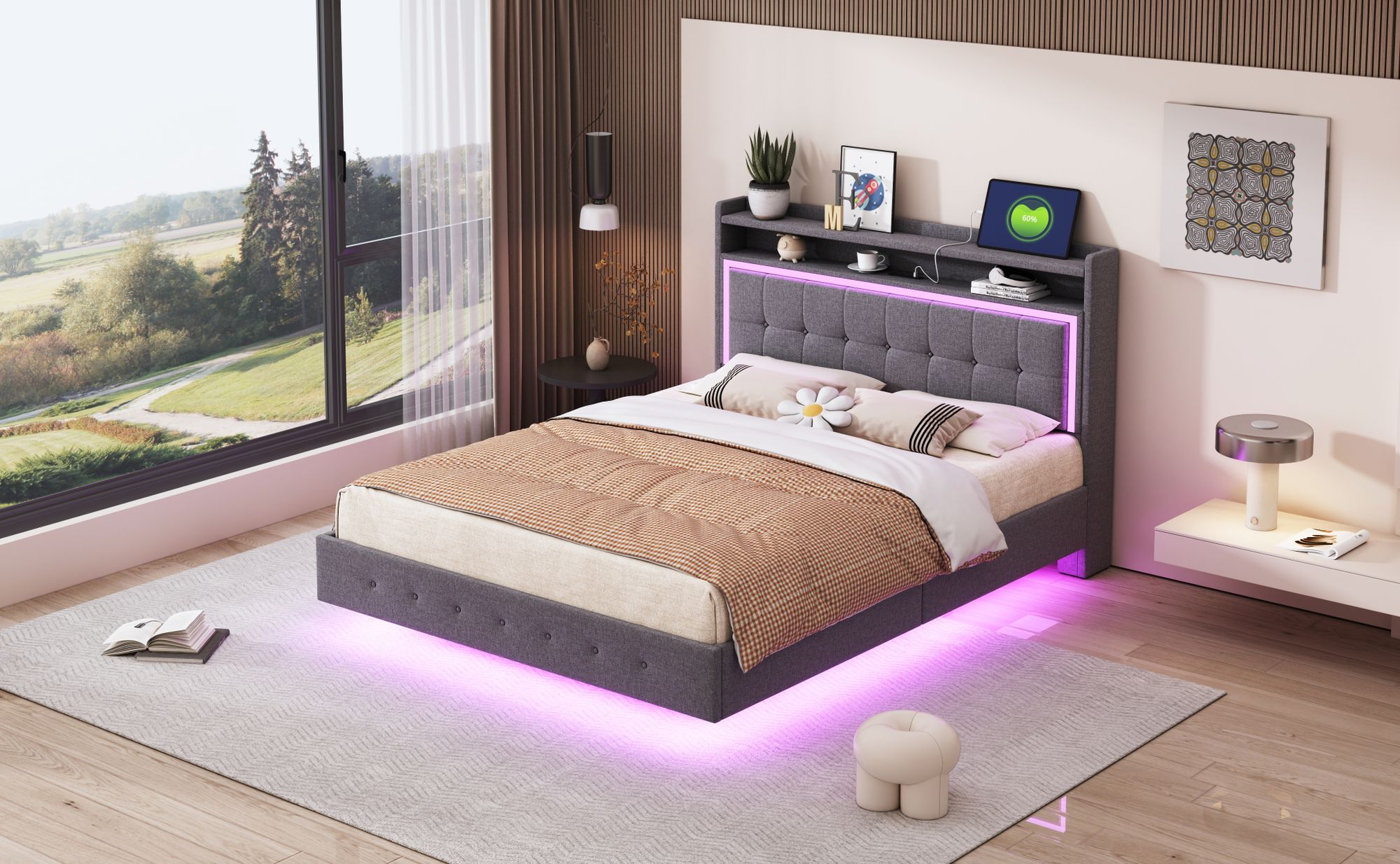 MODFU Polsterbett Funktionelles 140 x 200 cm mit USB-Ladeanschluss und Kopfteil mit Stauraum, Doppelbett Stauraumbett mit LED-Beleuchtung Leinenstoff Grau(Ohne Matratze)