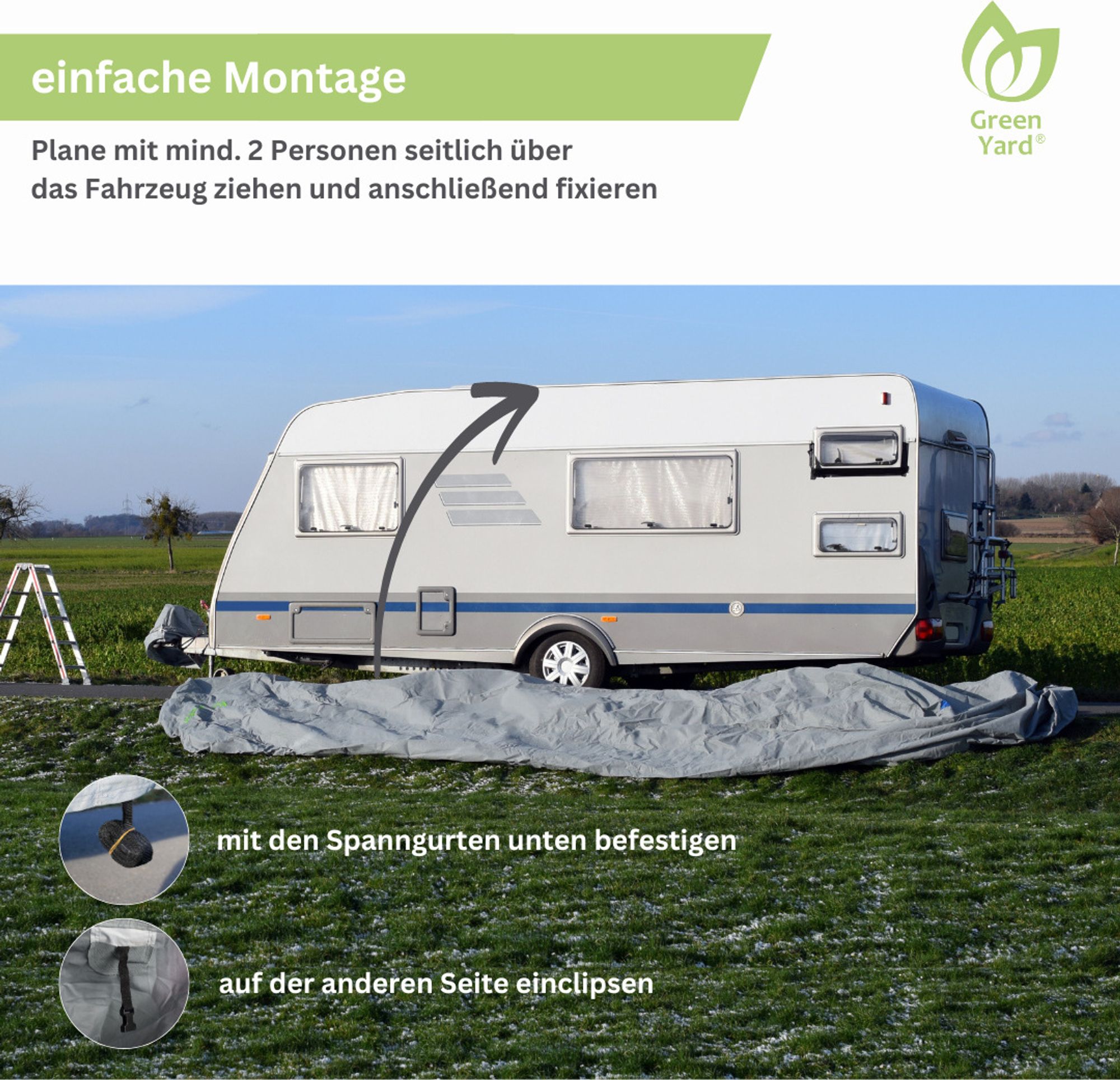 GreenYard Abdeckplane für Wohnwagen oder Wohnmobile Größe S, 460 x 250 x 220 cm