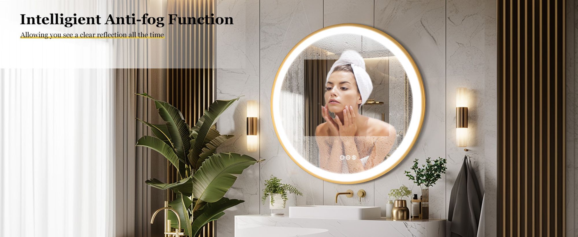 WISFOR LED Badspiegel mit goldenem Aluminiumrahmen 80x80cm, rund Wandspiegel mit Touch Schalter, Anti-Fog dimmbar 3 Lichtfarben, IP44 Energiesparend