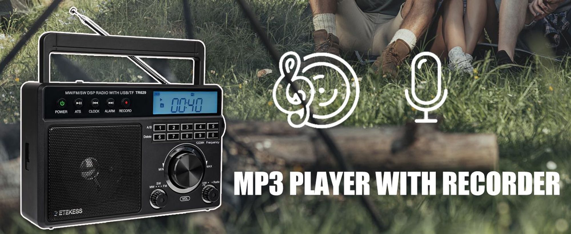 Retekess TR629 Tragbares Radio, AM FM SW Weltempfänger Notfallradiomit DSP, Unterstützt U Disk/SD-Karte, Uhr, Wecker, Radio Batteriebetrieben, Geschenke für ältere Menschen