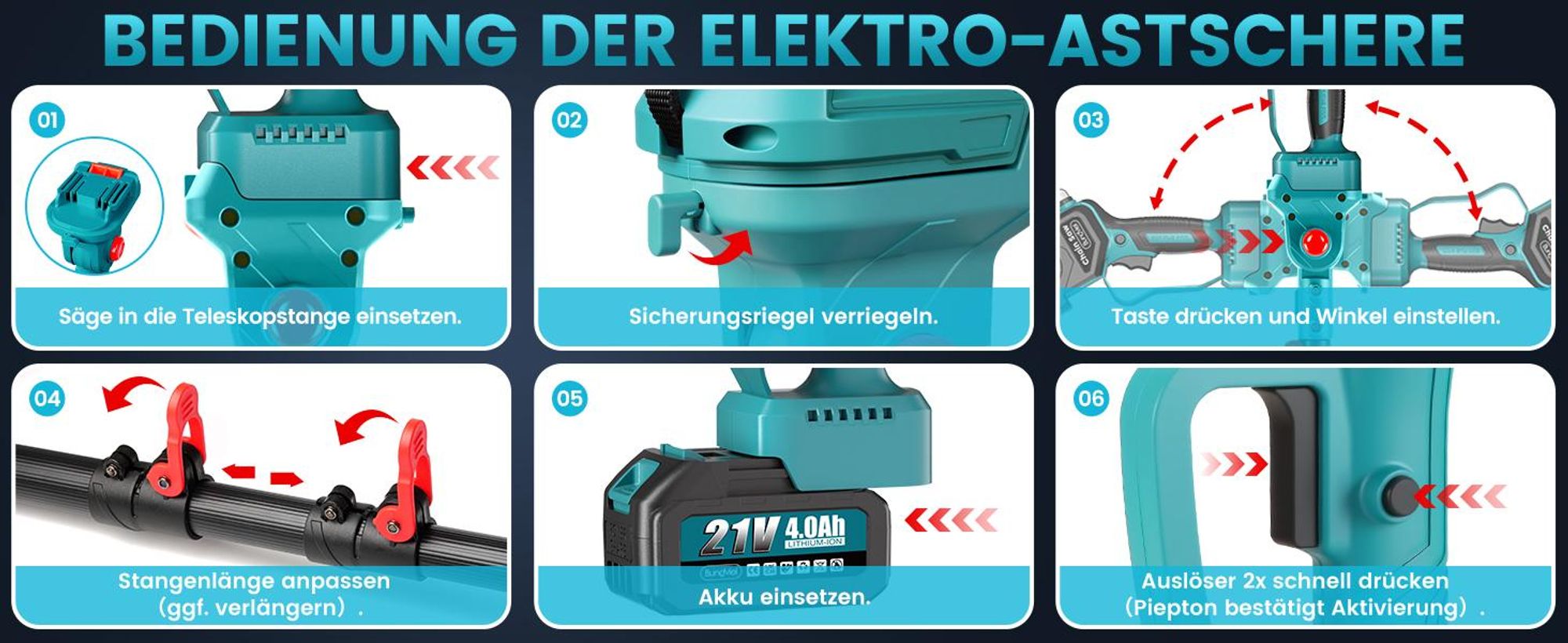 Akku Hochentaster 4in1 Akku Gartenset Bürstenloser Motor 6 Zoll Akku Kettensäge Akku Hochentaster Astschere 40mm Teleskopstange 2x4000mAh Akkus