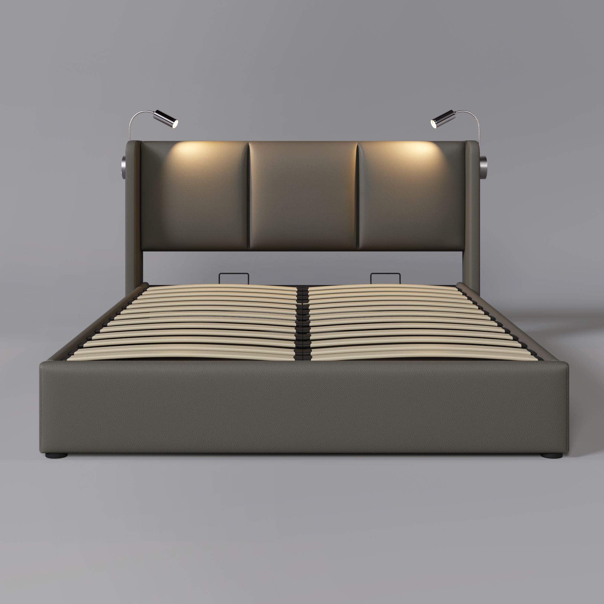 Flieks Polsterbett 160x200cm mit Lattenrost, Boxspringbett mit Leselichte und USB, Doppelbett Stauraumbett Funktionsbett, PU, Grau