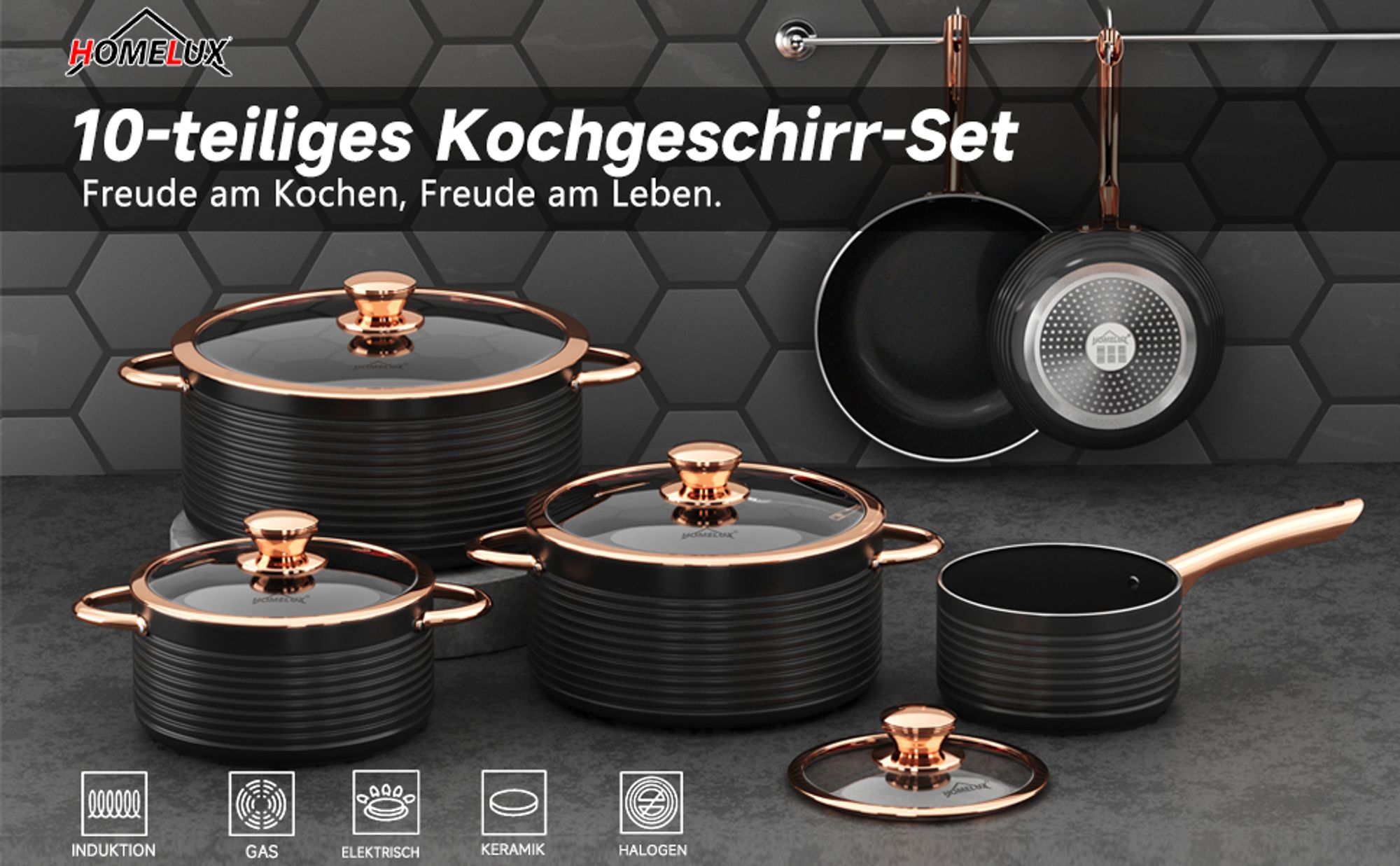 Topfset, HOMELUX 10tlg Induktions Töpfe Set, Aluminiumguss Kochtopfset, Keramik-Antihaftbeschichtung Pfannenset, Töpfe Set mit Deckel