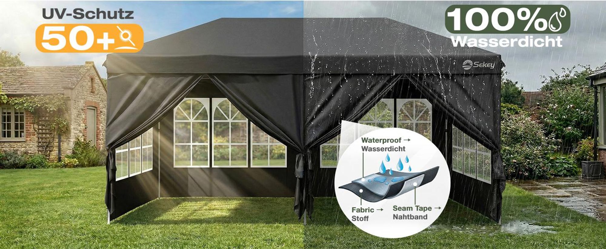 Sekey Faltpavillon 3x6 m wasserdicht UV50+ Gartenpavillon Partyzelt mit 6 Seitenteilen höhenverstellbar, Schwarz