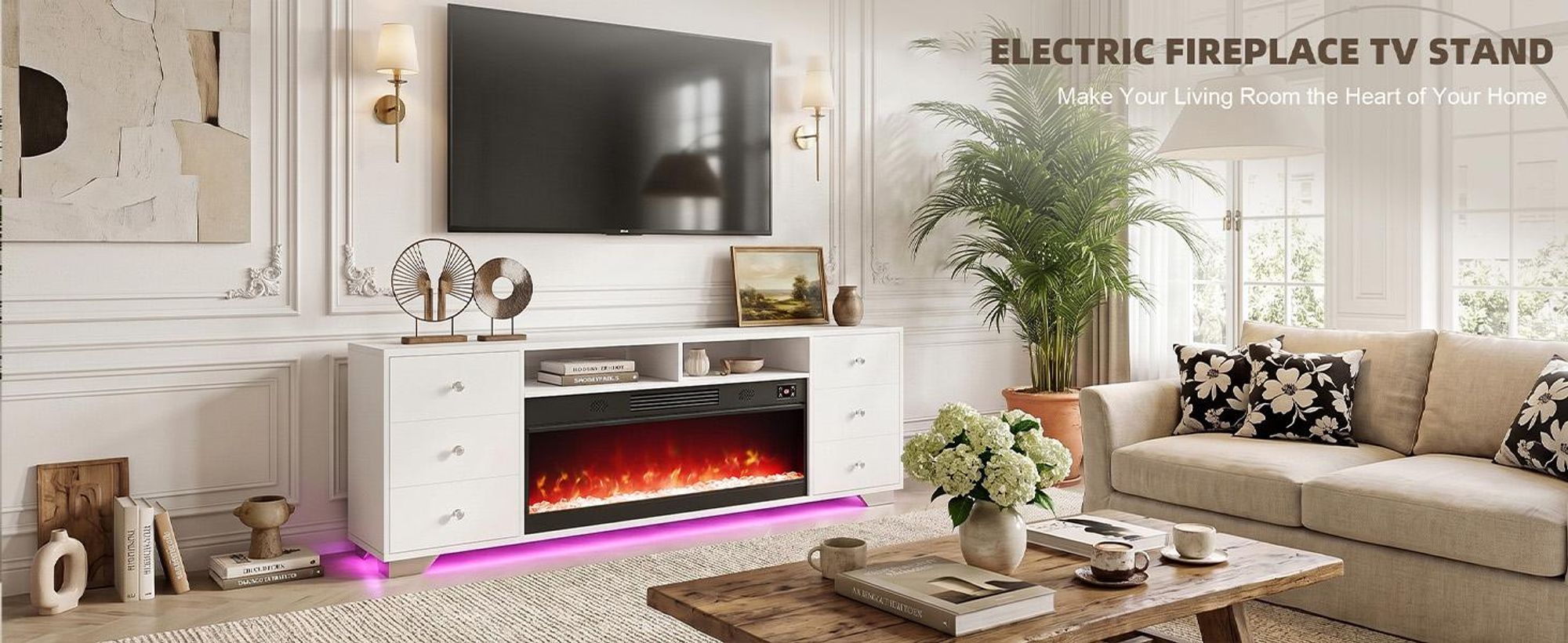 VANITII TV-Schrank mit kamin，TV-Lowboard mit farbwechselndem LED-Beleuchtung 6 Schubladen Weiβ 180 x 40 x 65 cm