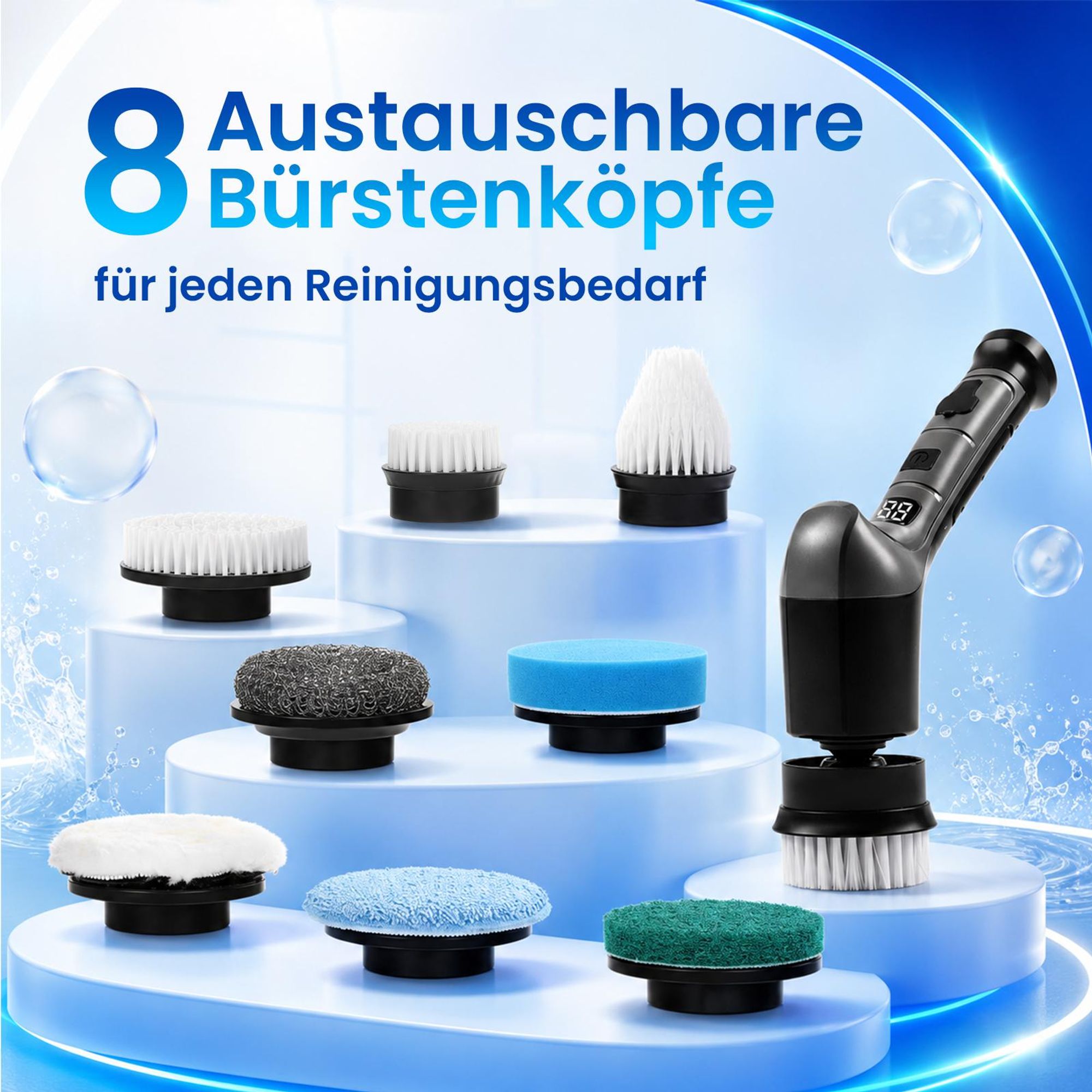 Elektrische Reinigungsbürste Bad Küche Auto Fußboden Spin Scrubber Mit 3 Geschwindigkeiten– 8 Bürstenköpfe, 100 Min. Akku, Teleskopstiel (28-119cm)
