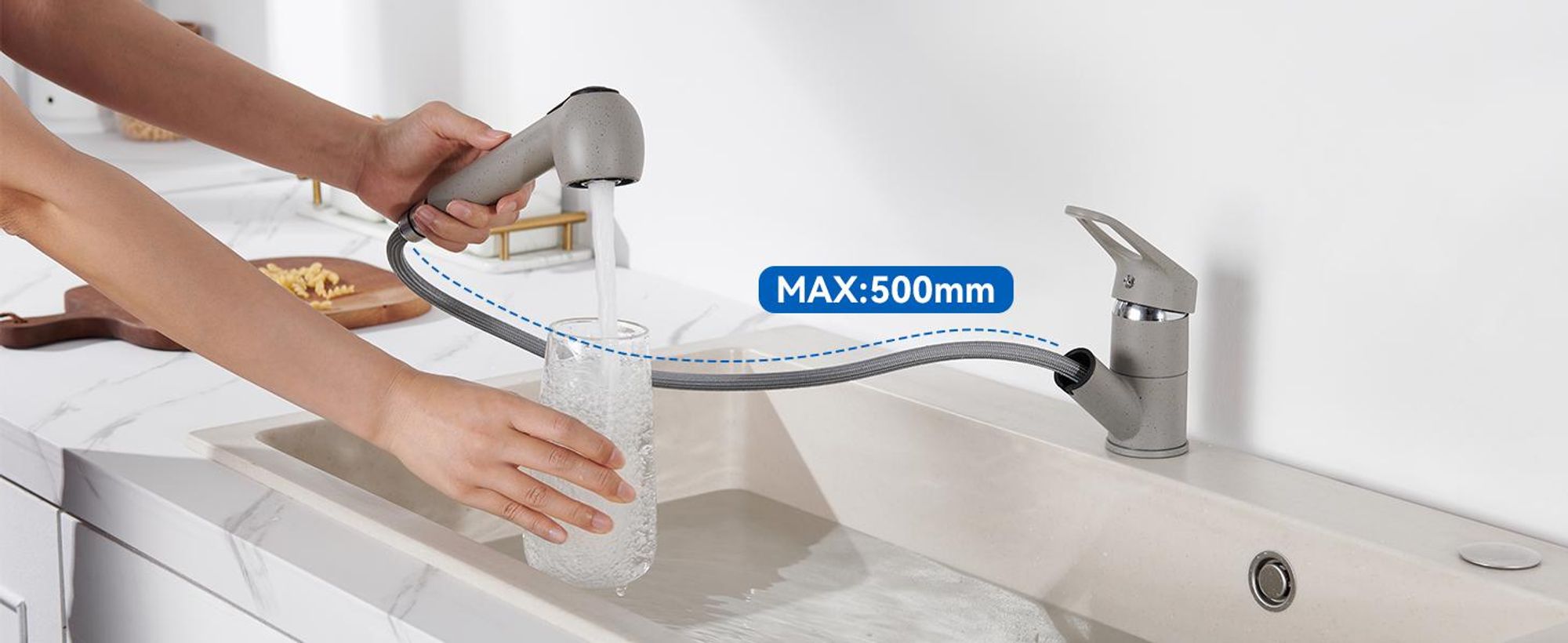 Küchenarmatur Grau Ausziehbar, 2 Strahlarten Massive Kupfer-Armatur Einhandmischer, Wasserhahn Küche mit Brause, Drehbar Spültischarmatur,Auralum MAX