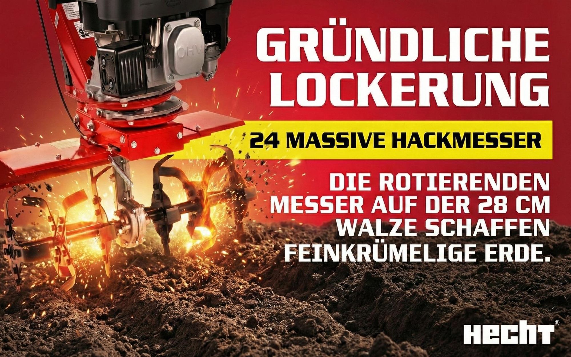 Motorhacke Gartenfräse Benzin HECHT 747 | 60 cm Arbeitsbreite | 25 Arbeitstiefe | 3kW / 4,08PS | 173 cm³ | Führungsrad