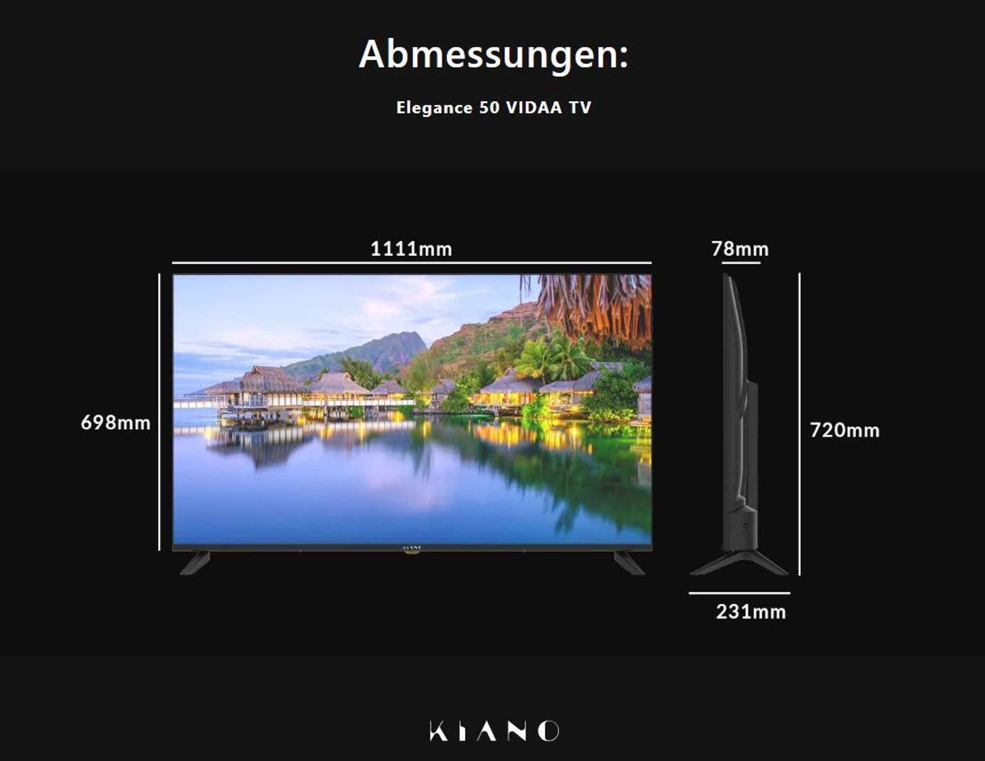 Kiano Fernseher - 50 Zoll - TV Smart - 4K UHD - 3840 x 2160px - VIDAA - WiFi - Miracast - PVR-Recorder - Tuner DVB-T2/S2 - DLED