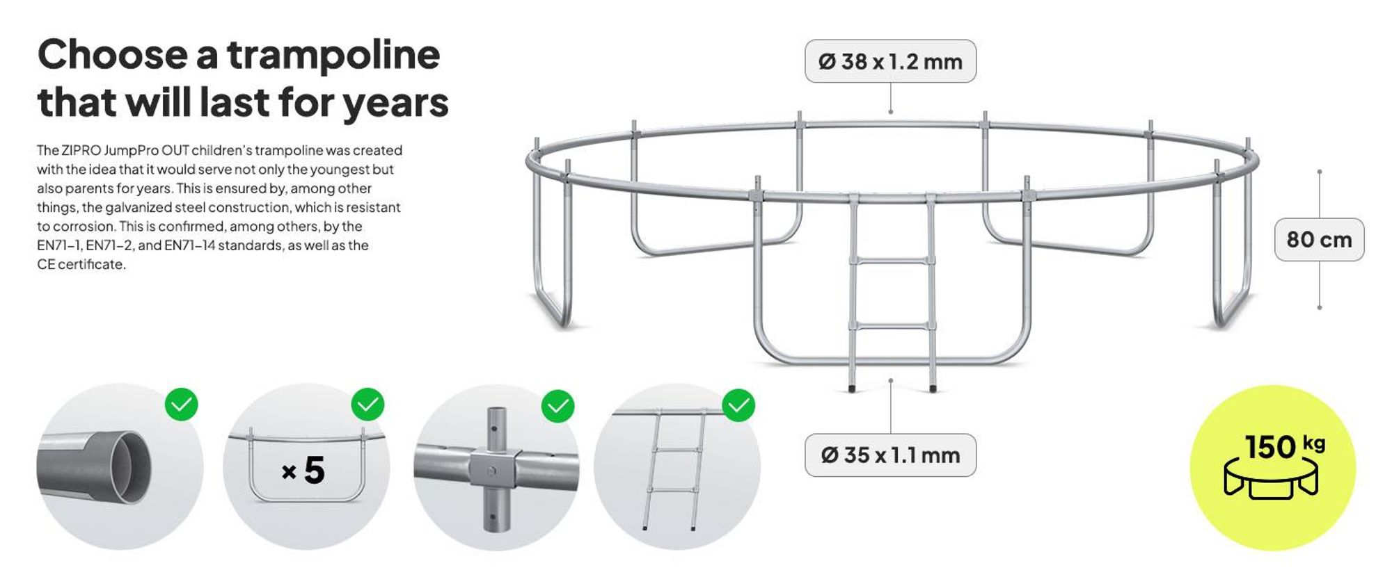 ZIPRO Trampolína Jump Pro Out | 12FT Ø 374 cm | Záhradná trampolína Detská trampolína Kompletná sada vrátane vonkajšej siete, rebríka a krytu okraja, vonkajšia, zelená