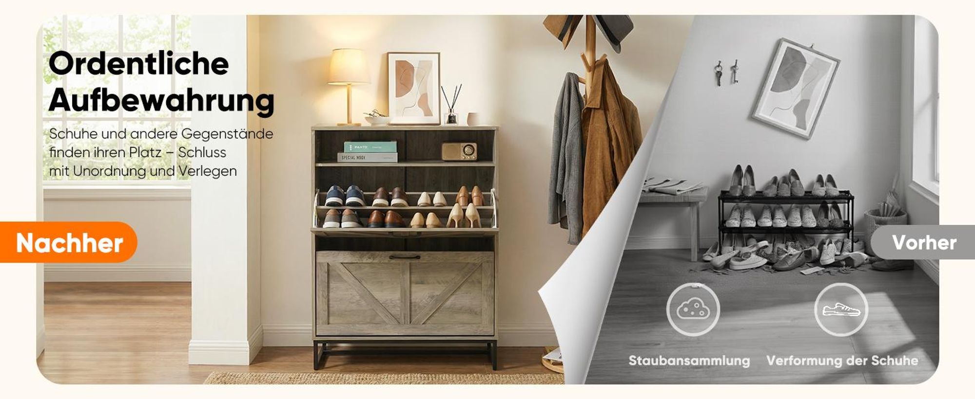 HOKEEPER Schuhschrank 2 Klappen, Schuhkipper, Shoe Cabinet, freistehendes schmales Schuhregal, Schuhkommode für Eingangsbereich, Landhausstil