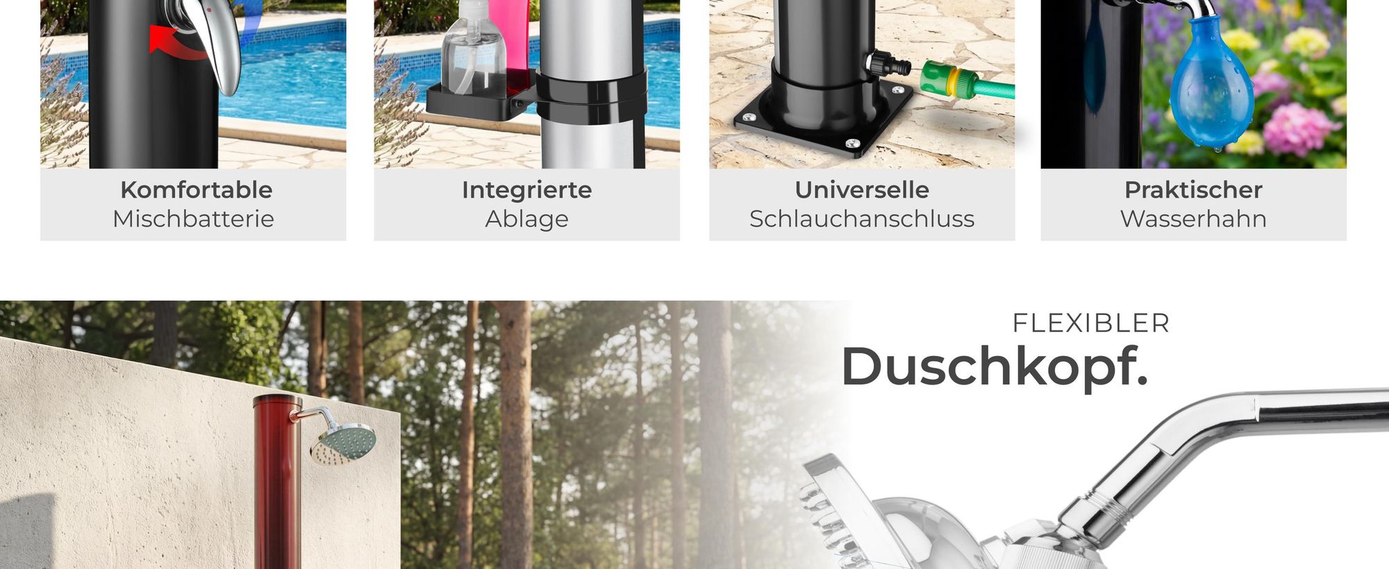 tectake® Solardusche Tinto 20 Liter, mit Seifenablage extra Wasserhahn, inklusive Schutzhülle