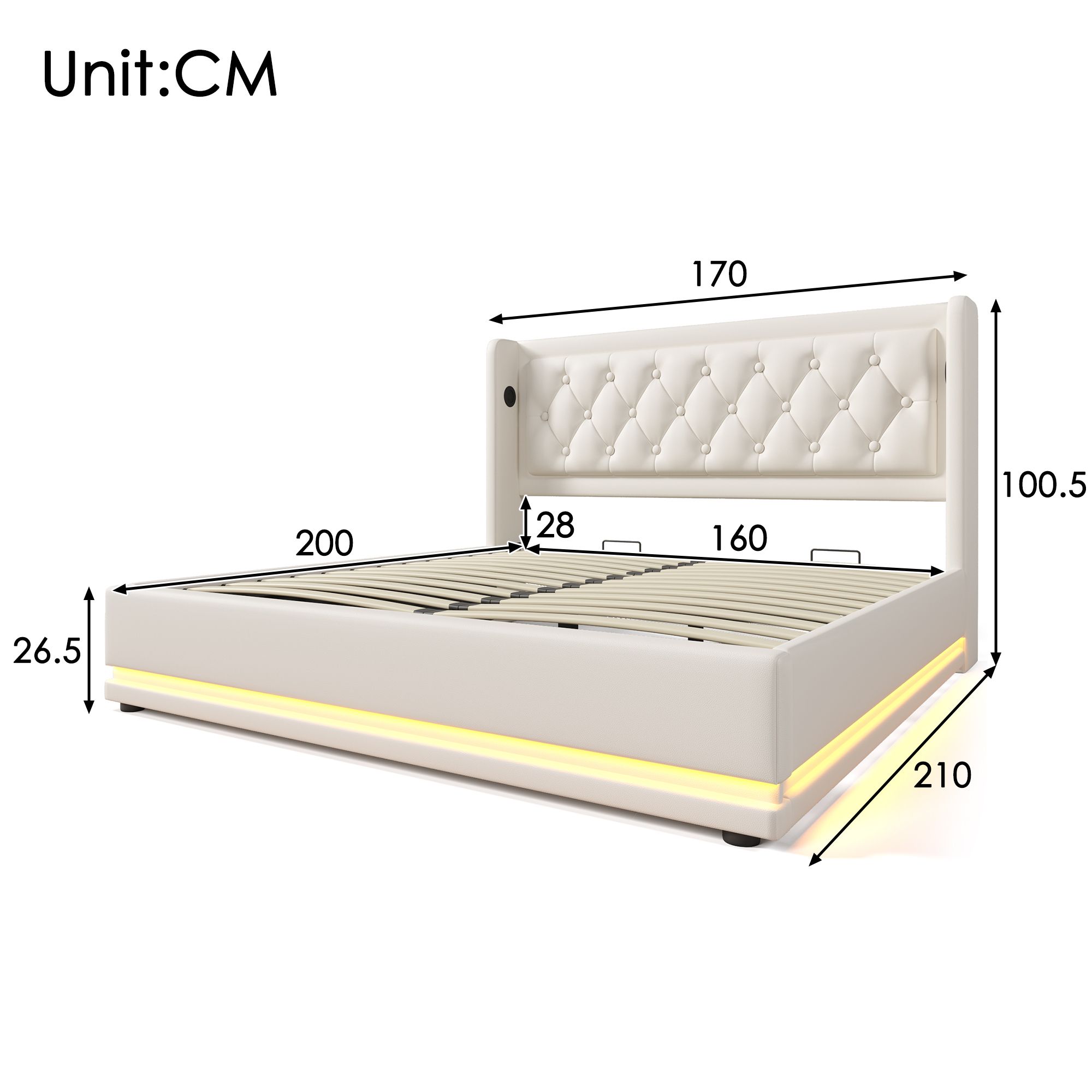 Flieks Polsterbett 160x200cm mit USB & Typ-C, Doppelbett Jugendbett mit LED, Hydraulisches Stauraumbett Boxspringbett mit Lattenrost, Kunstleder, Weiß