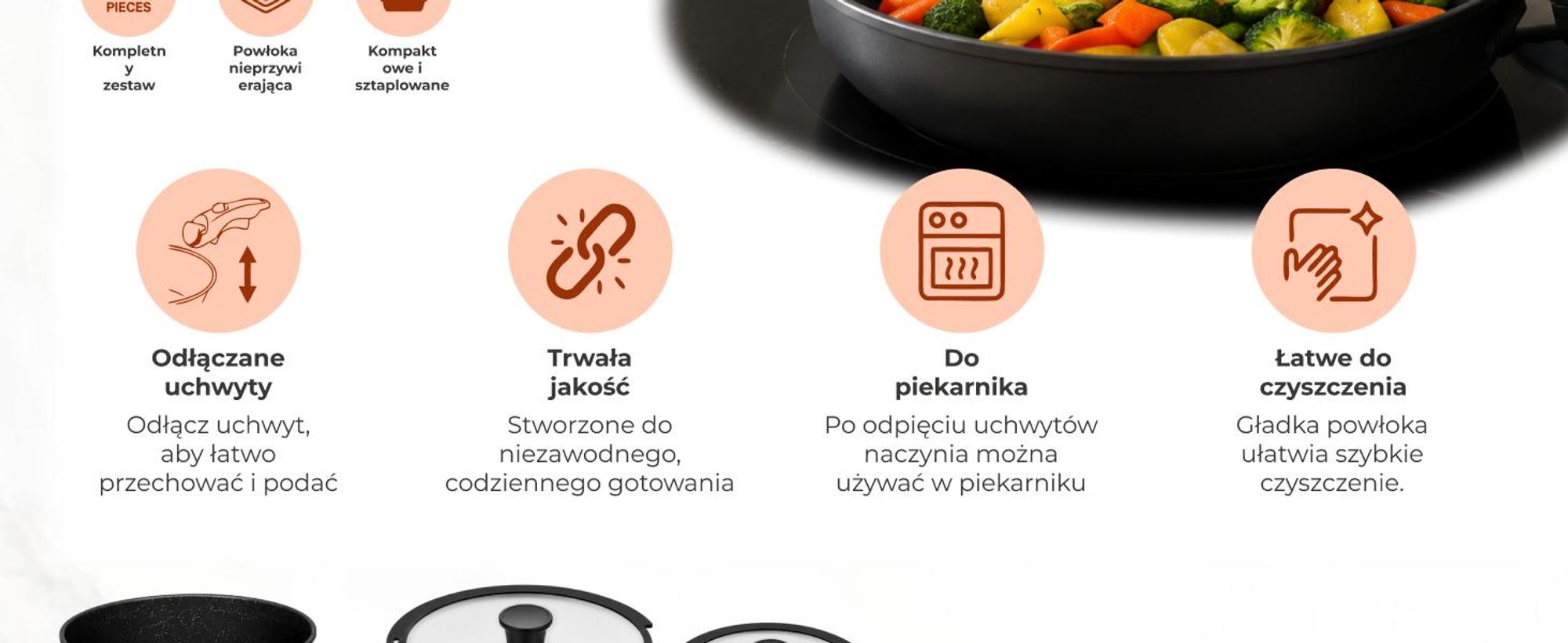 Naczynia kuchenne Glissimo – 15-częściowy zestaw ceramicznych patelni z wyjmowanym uchwytem – nieprzywierające – do wszystkich rodzajów kuchenek – bez i BPA – można je układać w stosy