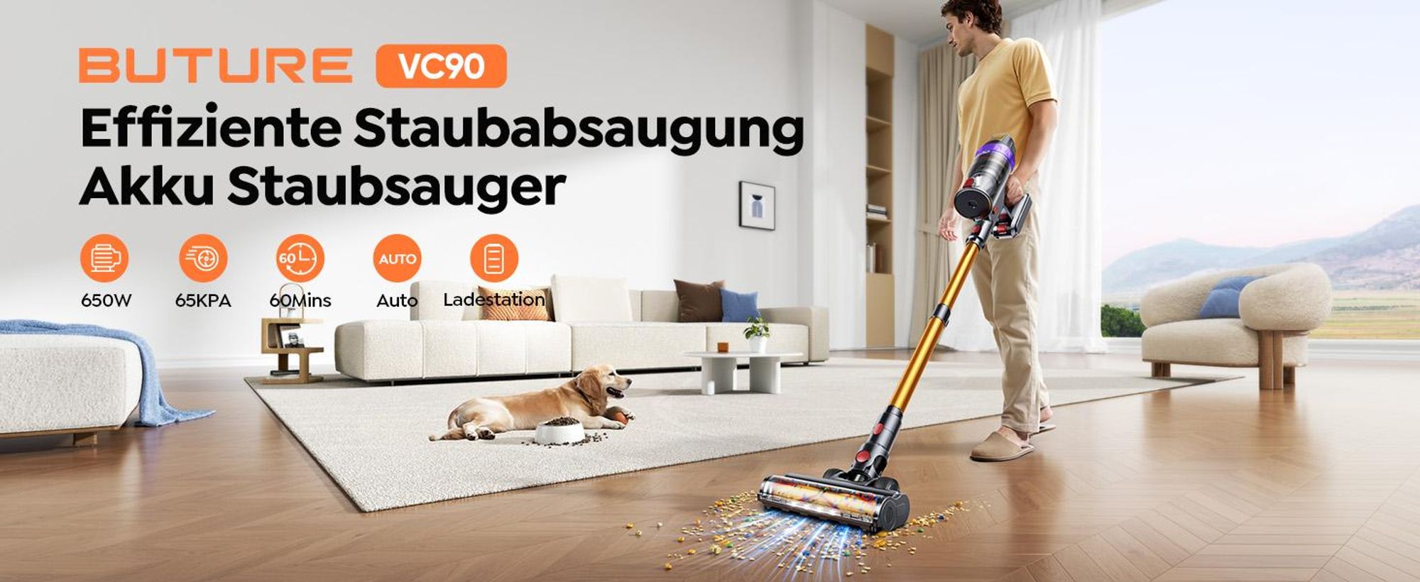 Buture VC90 Akku Staubsauger, 650W/65.000pa Staubsauger Kabellos mit Touchscreen, Bis zu 60 Min Laufzeit, Kabelloser Anti-Tangle-Staubsauger