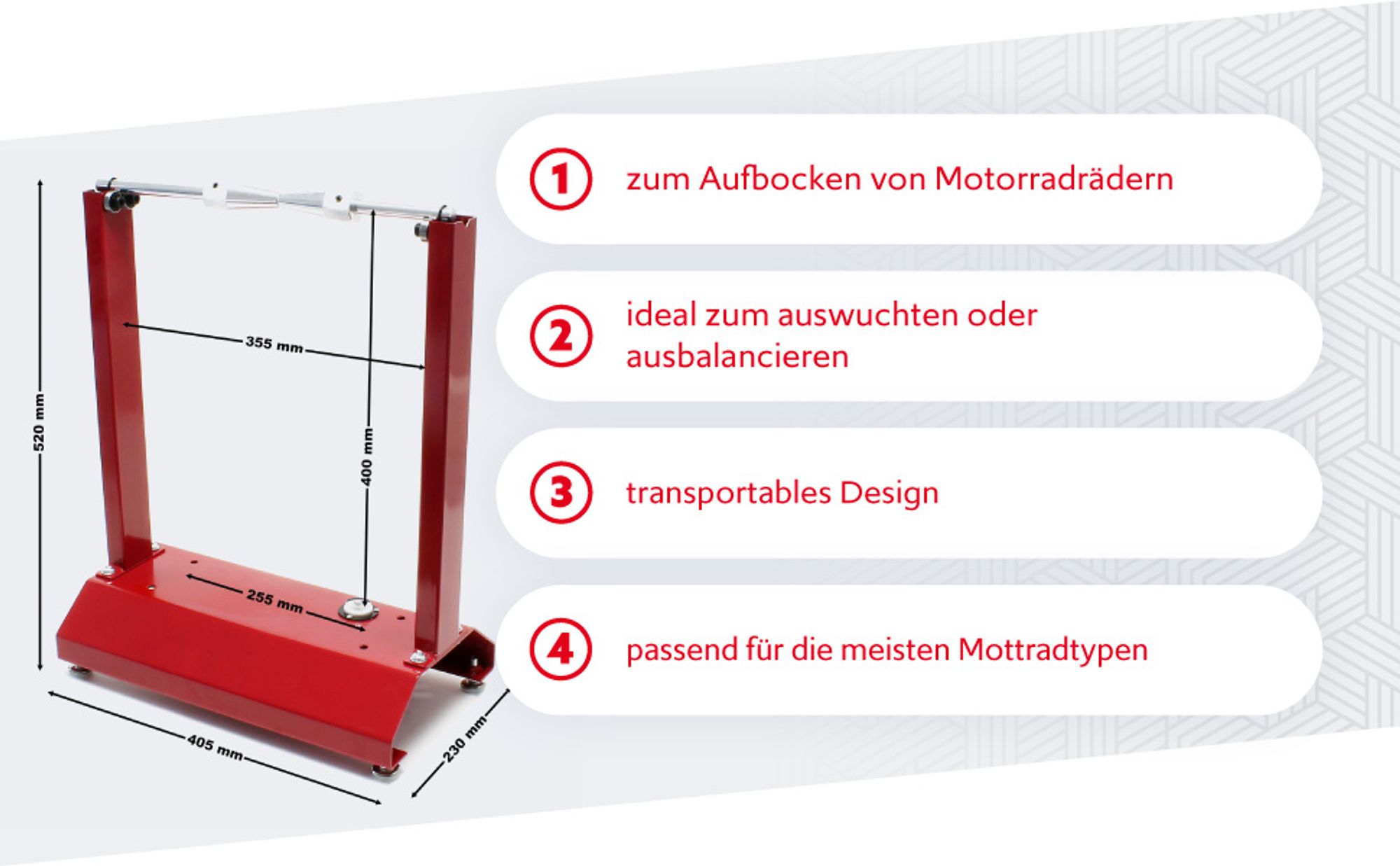 Wiltec Auswuchtbock für Motorradrreifen, für Radgrößen mit Achensdurchmesser 29 mm, zum Auswuchten, Reparatur von Schaden an Felgen und Rädern, Wuchtmaschine