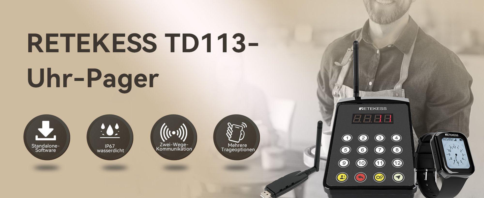 Retekess TD113-TD154 Kellnerin Pager System, Restaurant Pager für Kellner, magnetische Aufladung, 262ft, stilvolle Touch-Farbbildschirm, 1 USB 5 Uhr
