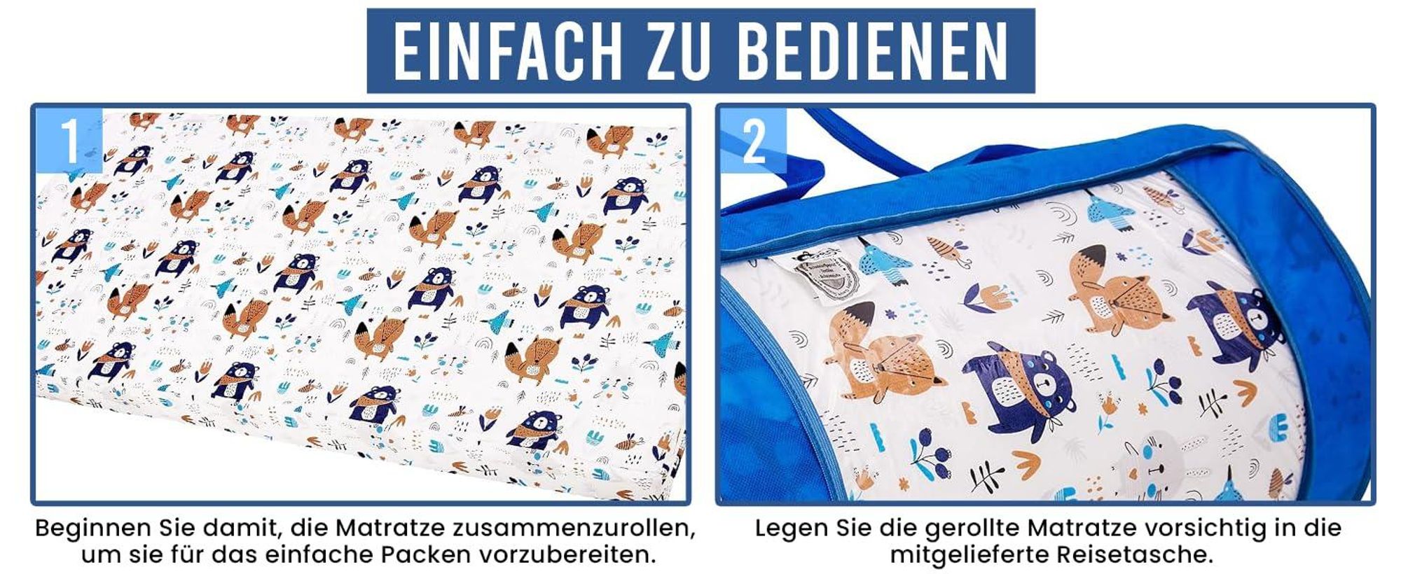 Kindermatratze 70x140 | Kinder Klappmatratze mit Blauem Reisetaschen-Bezug |Matratze 70x140 aus 100% kuschelig weicher Baumwolle |Reisebett-Matratze