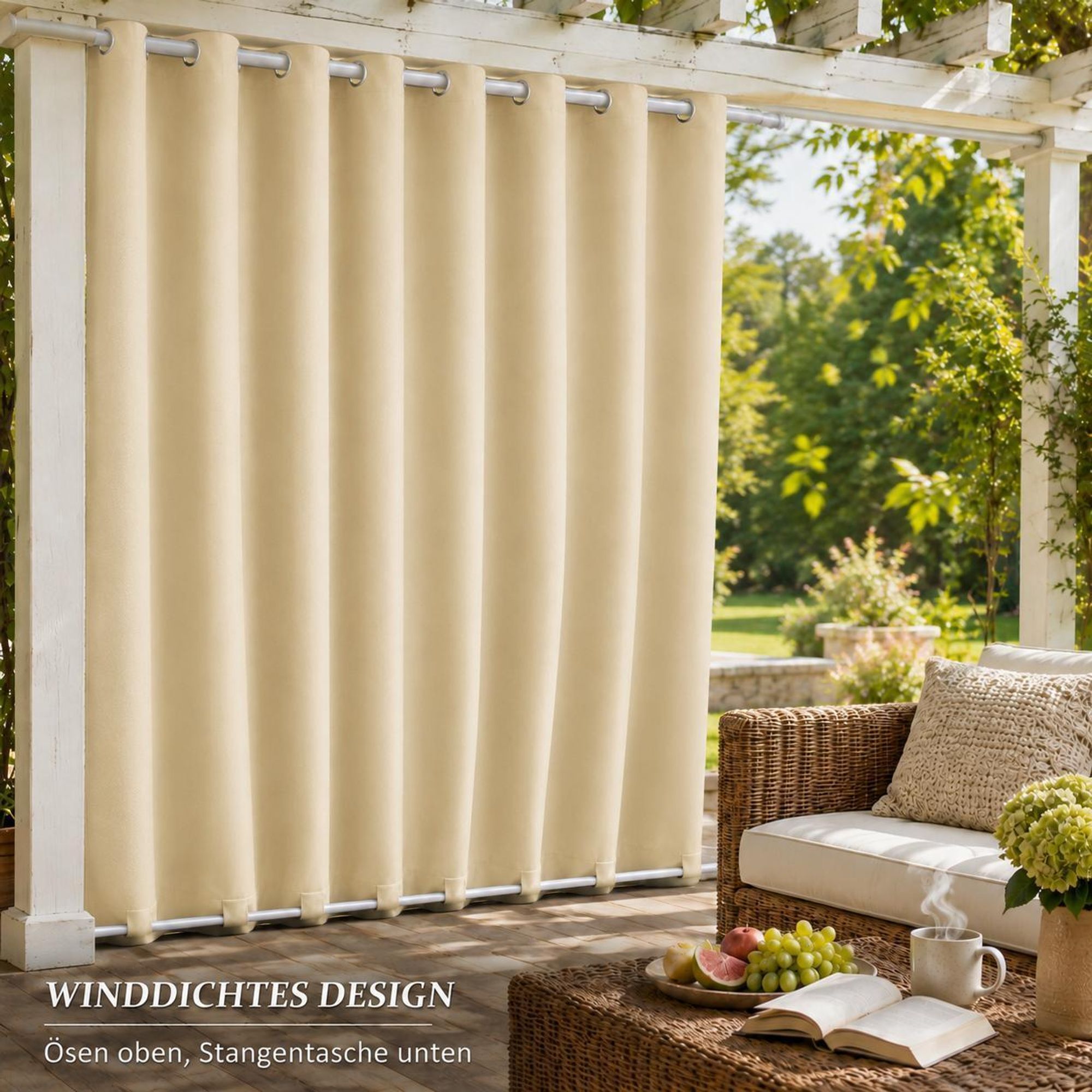 1x Garden Outdoor Vorhang Wetterfest Mit ösen Wasserdicht extra breite Privatsphäre UV-Schutz für Balkon Terrasse Patio Pavillon, 180x274cm, Beige